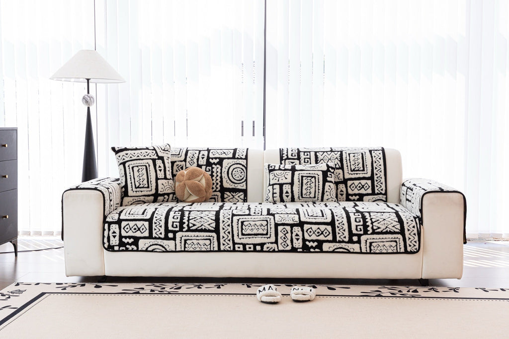 Sofa Decor Elara Geometric Plush Sofa Seat Cover in Black Ivory - lifestyle image for geometric plush couch cover pieces in the UK
