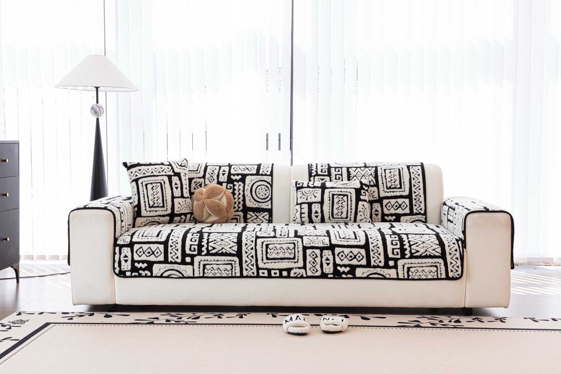 Sofa Decor Elara Geometric Plush Sofa Seat Cover in Black Ivory - lifestyle image for geometric plush couch cover pieces in the UK