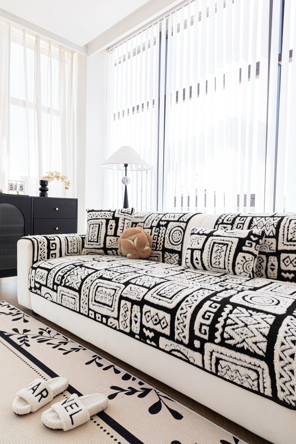 Sofa Decor Elara Geometric Plush Sofa Seat Cover in Black Ivory - detail image for geometric plush couch cover pieces in the UK