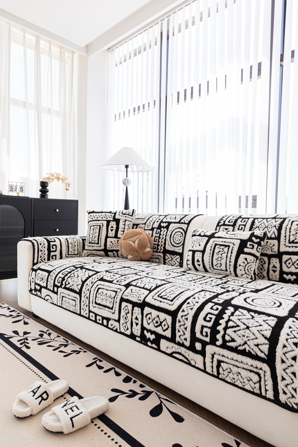 Sofa Decor Elara Geometric Plush Sofa Seat Cover in Black Ivory - detail image for geometric plush couch cover pieces in the UK
