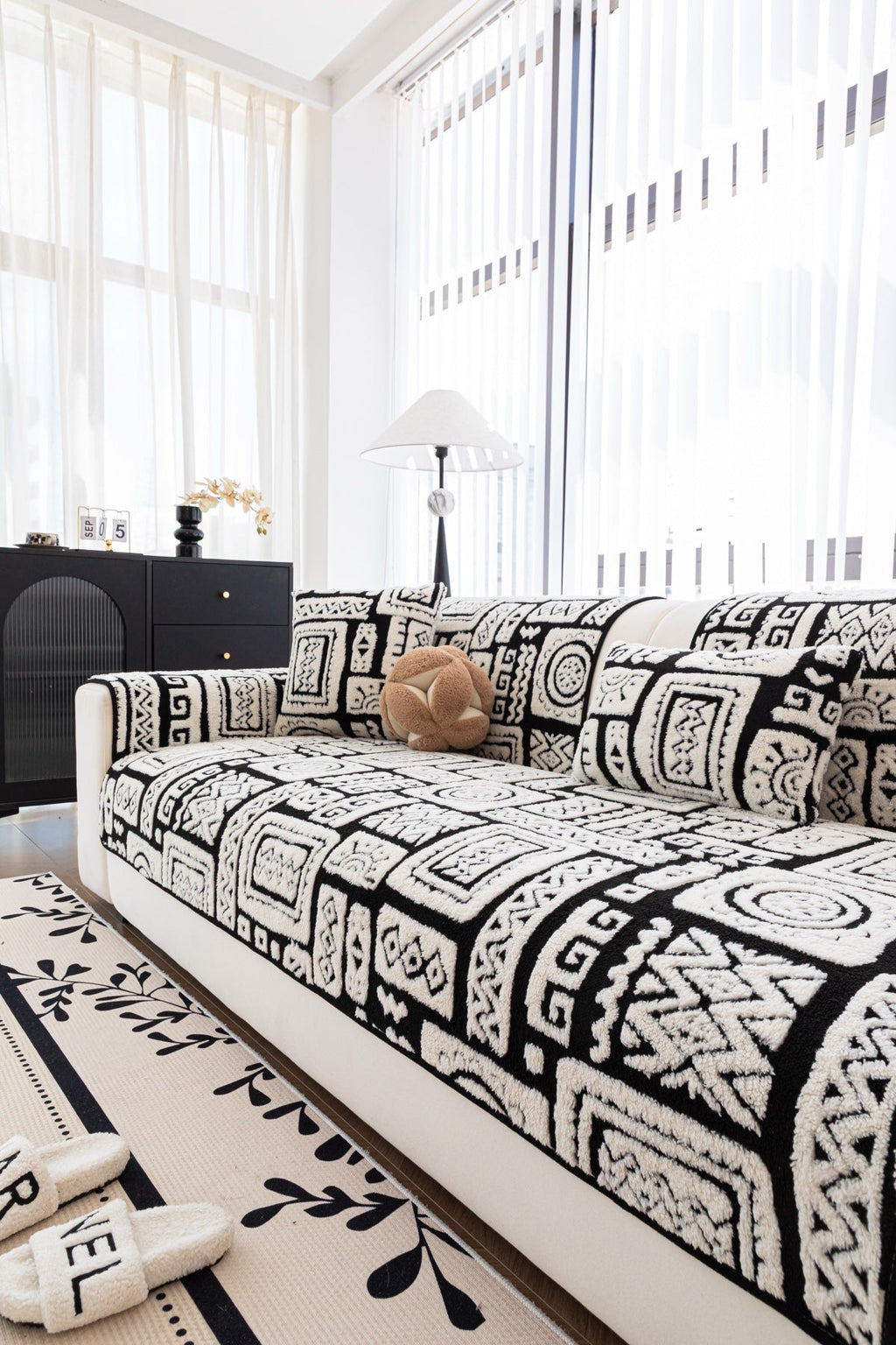 Sofa Decor Elara Geometric Plush Sofa Seat Cover in Black Ivory - detail image for geometric plush couch cover pieces in the UK