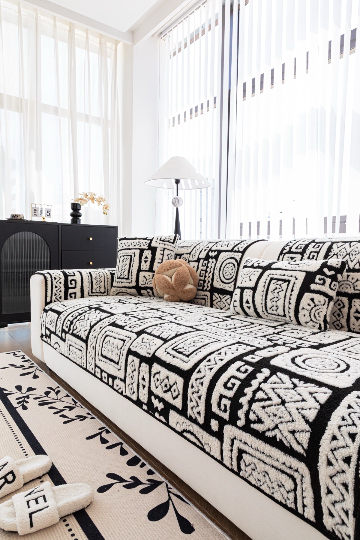 Sofa Decor Elara Geometric Plush Sofa Seat Cover in Black Ivory - detail image for geometric plush couch cover pieces in the UK