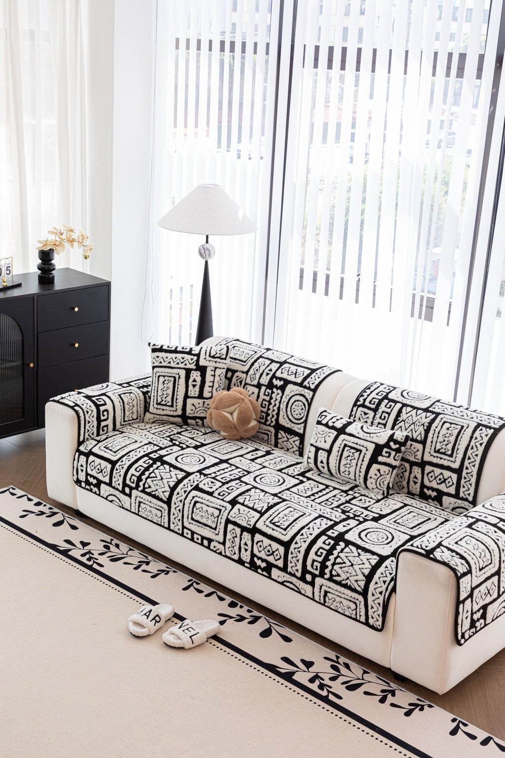 Sofa Decor Elara Geometric Plush Sofa Seat Cover in Black Ivory - detail image for geometric plush couch cover pieces in the UK