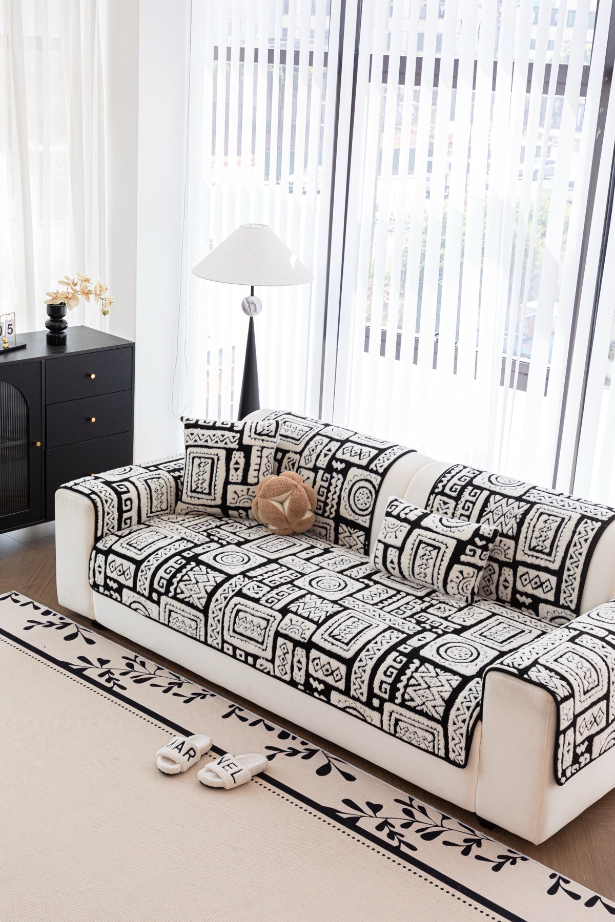 Sofa Decor Elara Geometric Plush Sofa Seat Cover in Black Ivory - detail image for geometric plush couch cover pieces in the UK