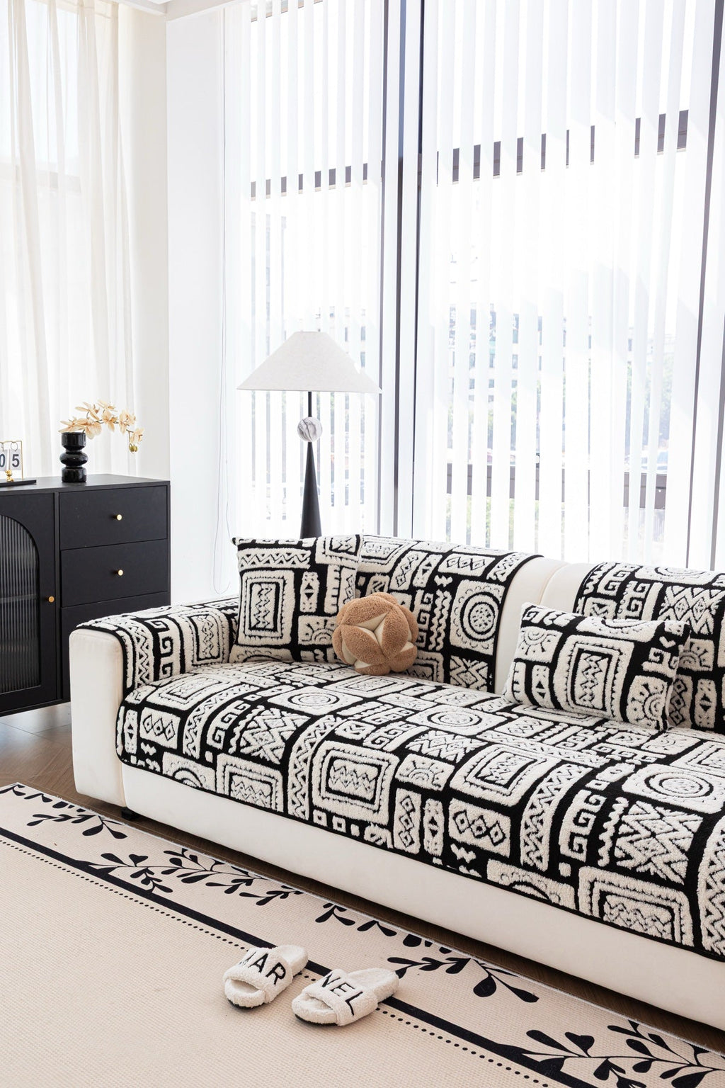Sofa Decor Elara Geometric Plush Sofa Seat Cover in Black Ivory - detail image for geometric plush couch cover pieces in the UK