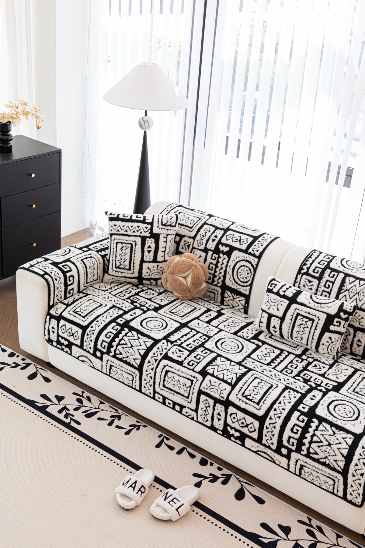 Sofa Decor Elara Geometric Plush Sofa Seat Cover in Black Ivory - detail image for geometric plush couch cover pieces in the UK