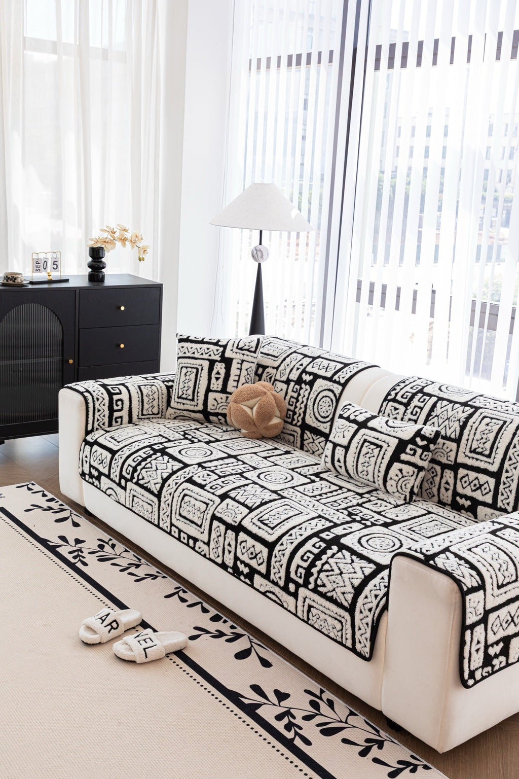 Sofa Decor Elara Geometric Plush Sofa Seat Cover in Black Ivory - detail image for geometric plush couch cover pieces in the UK
