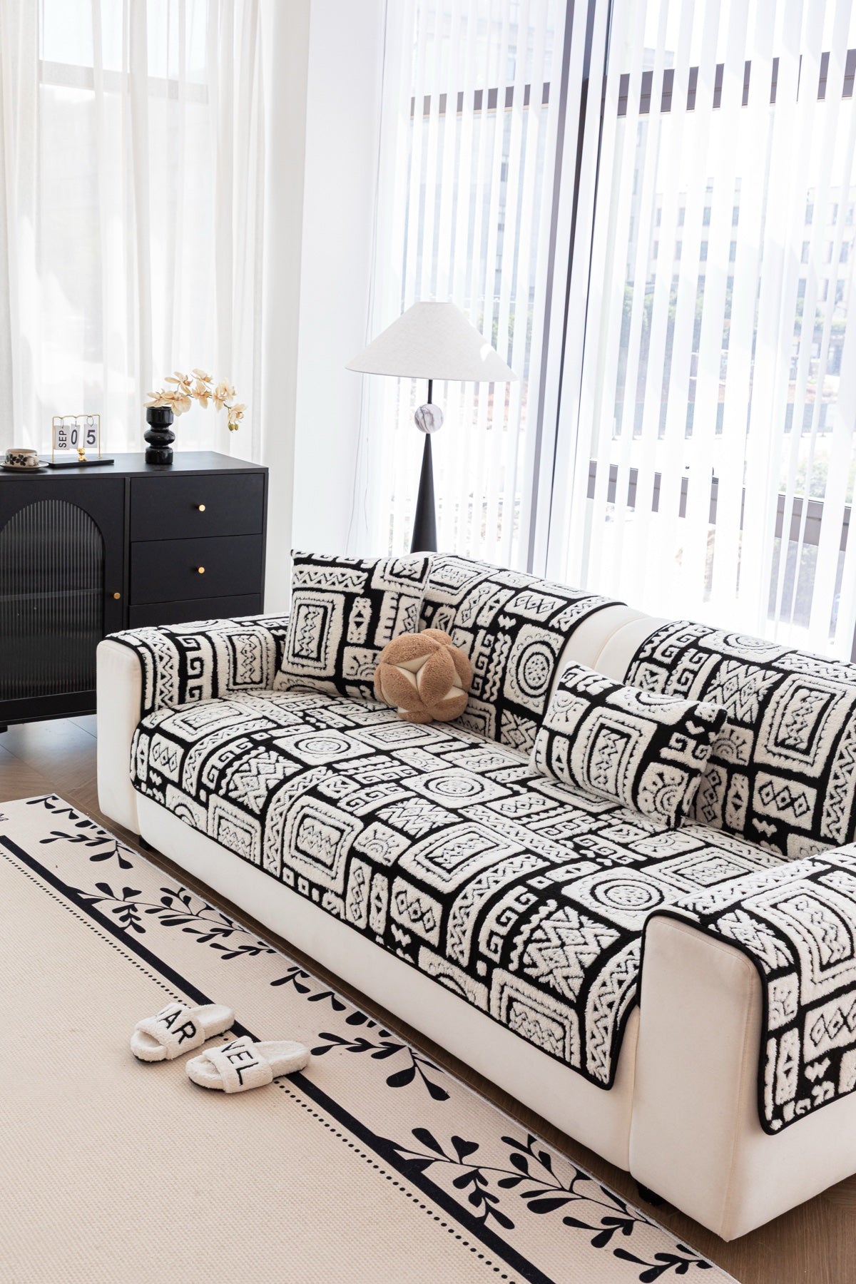 Sofa Decor Elara Geometric Plush Sofa Seat Cover in Black Ivory - detail image for geometric plush couch cover pieces in the UK