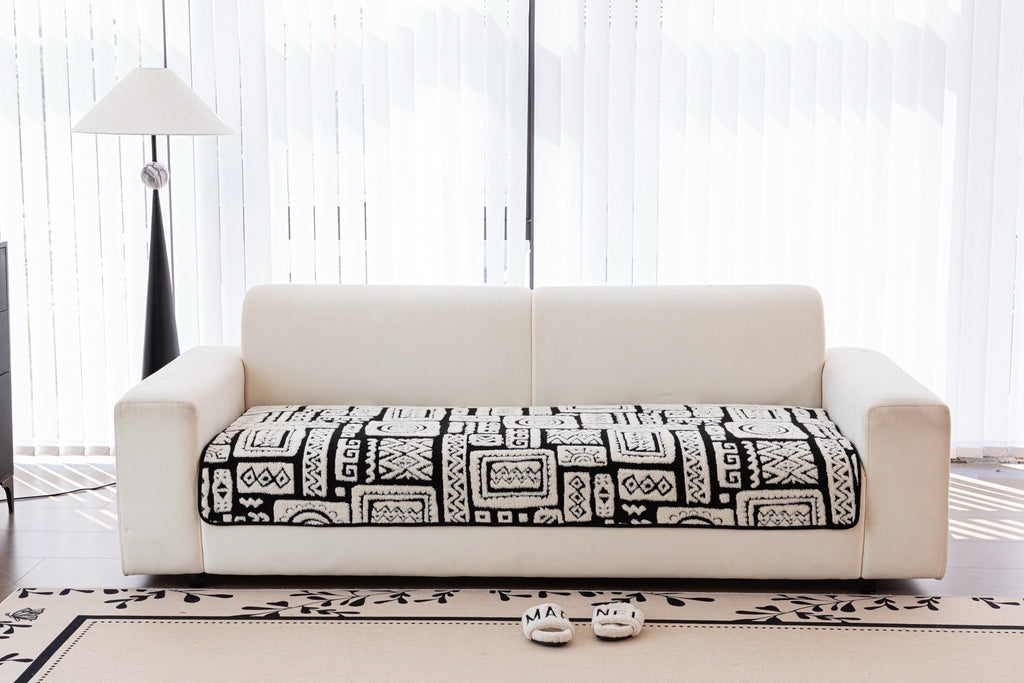 Sofa Decor Elara Geometric Plush Sofa Seat Cover in Black Ivory - detail image for geometric plush couch cover pieces in the UK