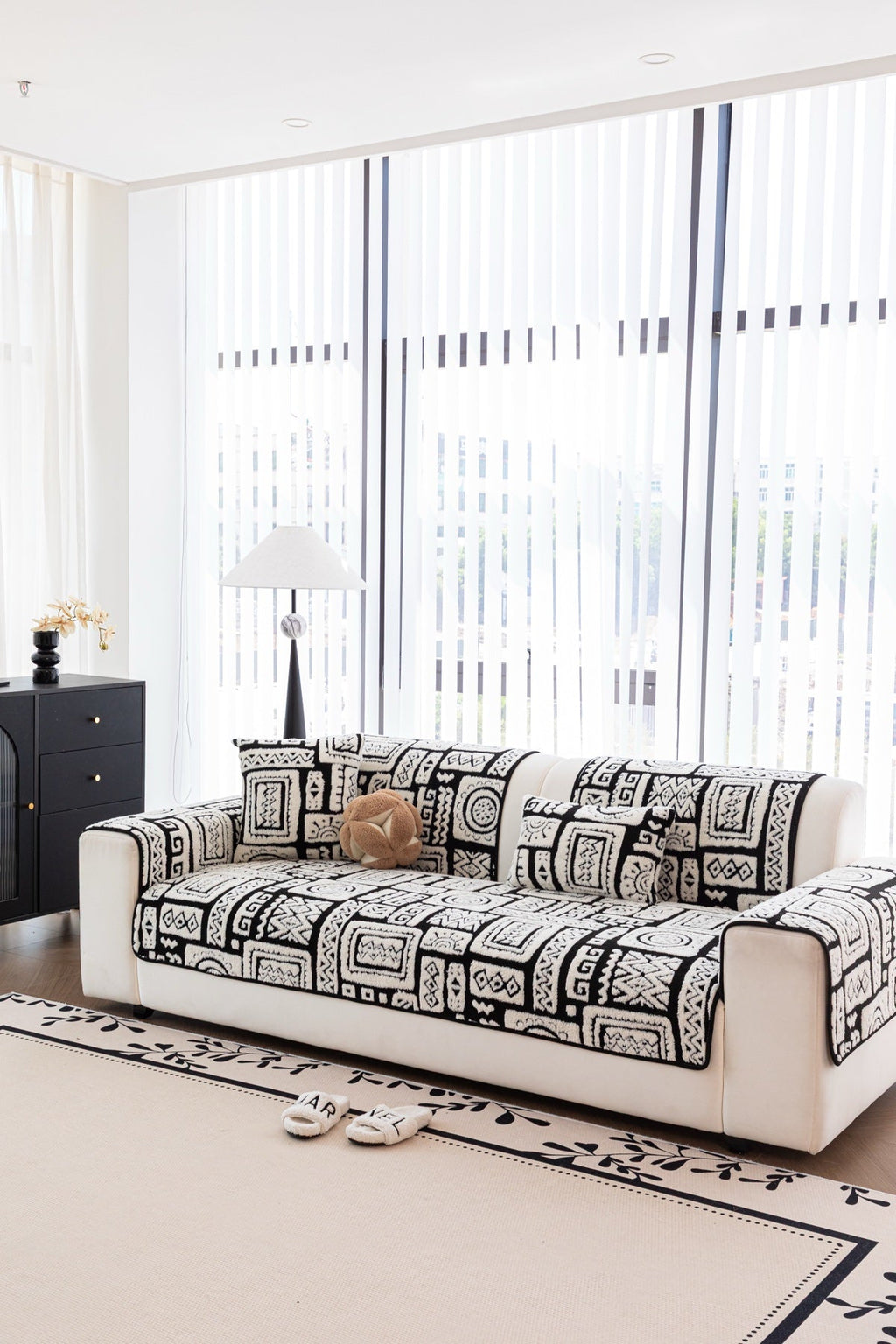 Sofa Decor Elara Geometric Plush Sofa Seat Cover in Black Ivory - detail image for geometric plush couch cover pieces in the UK