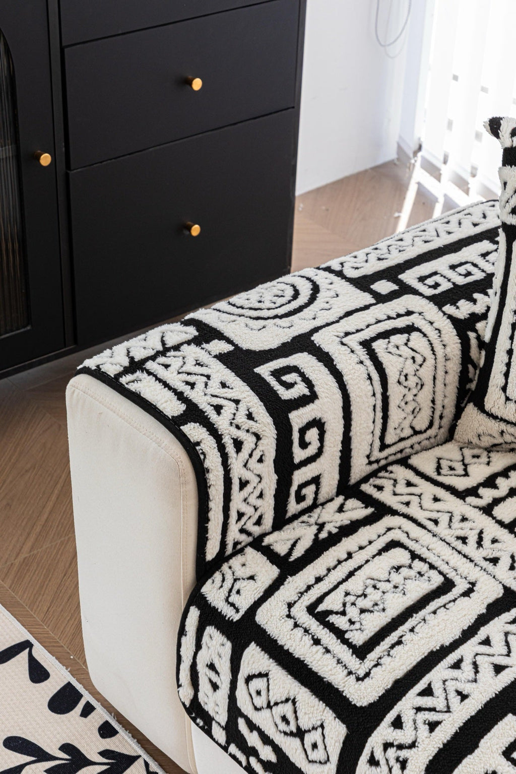 Sofa Decor Elara Geometric Plush Sofa Seat Cover in Black Ivory - detail image for geometric plush couch cover pieces in the UK