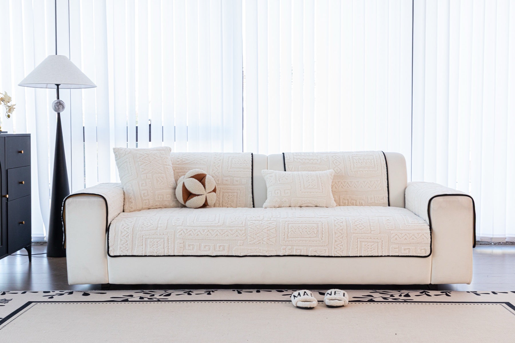 Sofa Decor Elara Geometric Plush Sofa Seat Cover in Ivory Cream - lifestyle image for geometric plush couch cover pieces in the UK