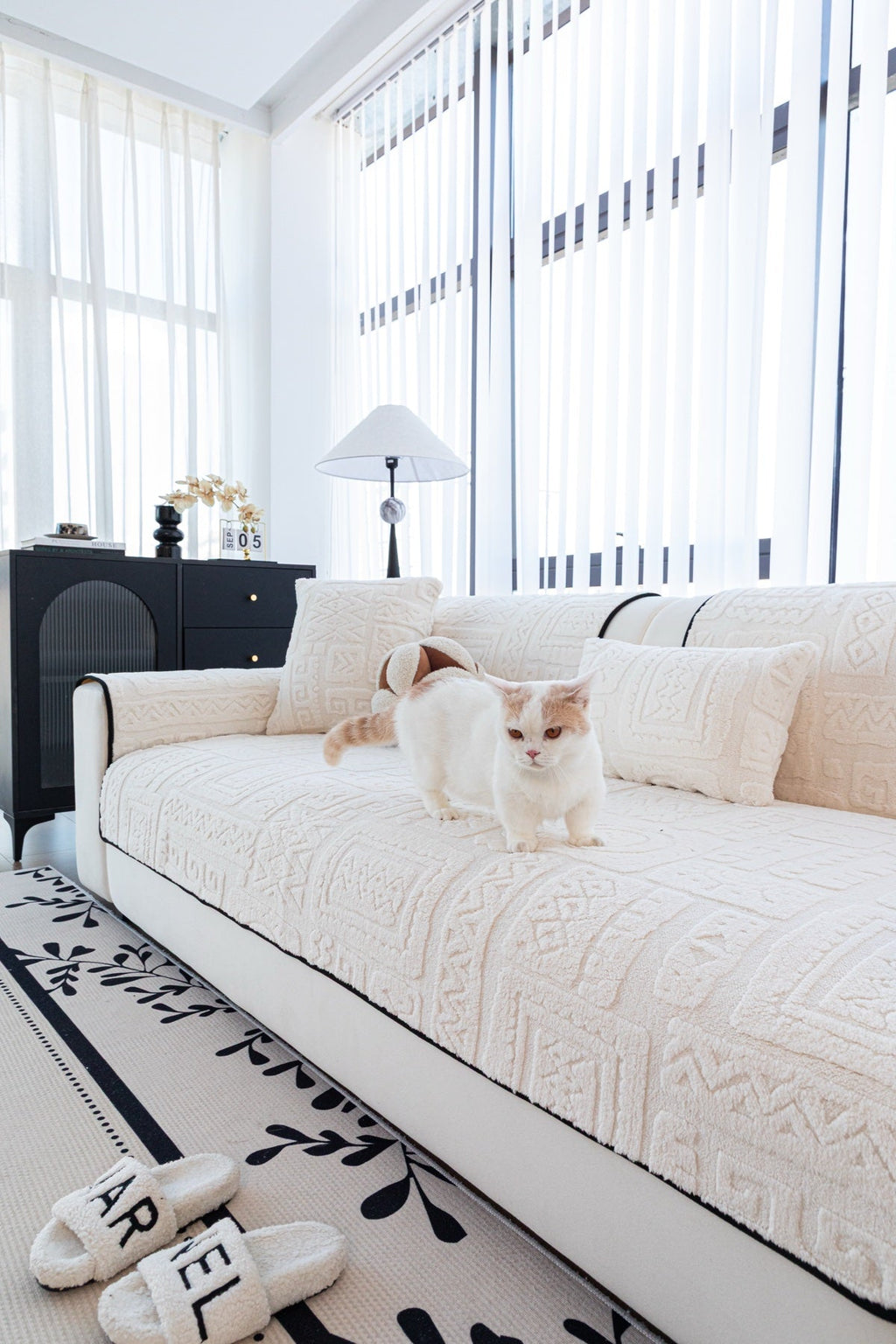 Sofa Decor Elara Geometric Plush Sofa Seat Cover in Ivory Cream - detail image for geometric plush couch cover pieces in the UK