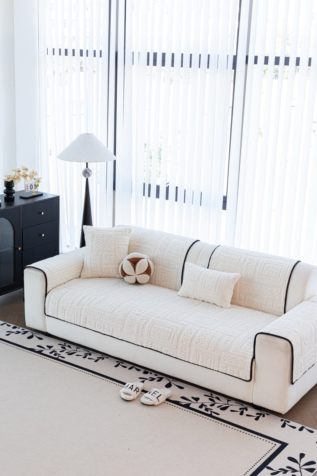 Sofa Decor Elara Geometric Plush Sofa Seat Cover in Ivory Cream - detail image for geometric plush couch cover pieces in the UK