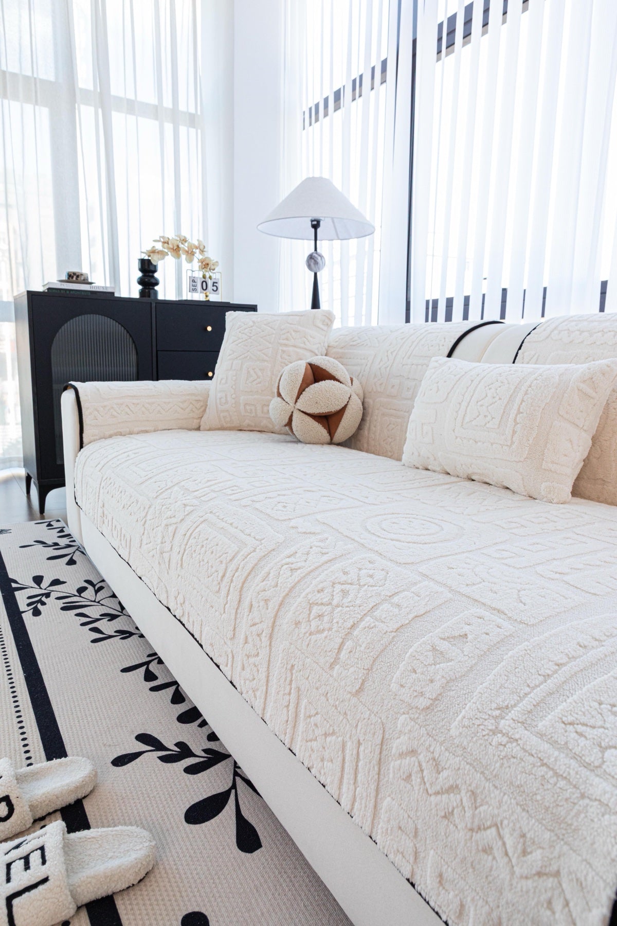 Sofa Decor Elara Geometric Plush Sofa Seat Cover in Ivory Cream - detail image for geometric plush couch cover pieces in the UK
