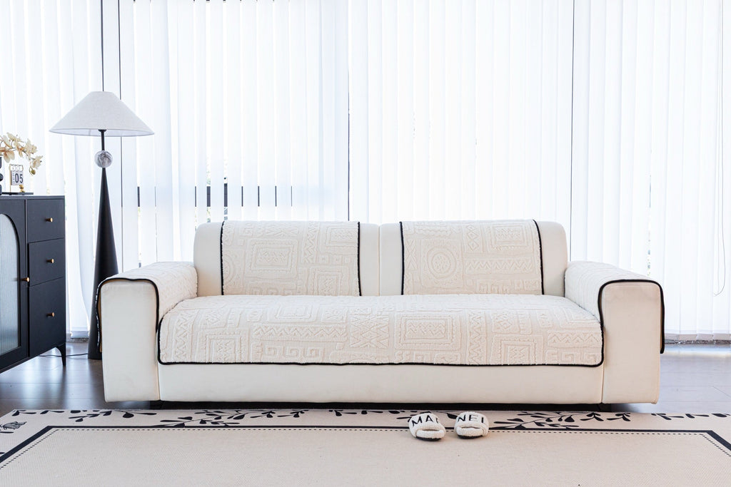Sofa Decor Elara Geometric Plush Sofa Seat Cover in Ivory Cream - detail image for geometric plush couch cover pieces in the UK
