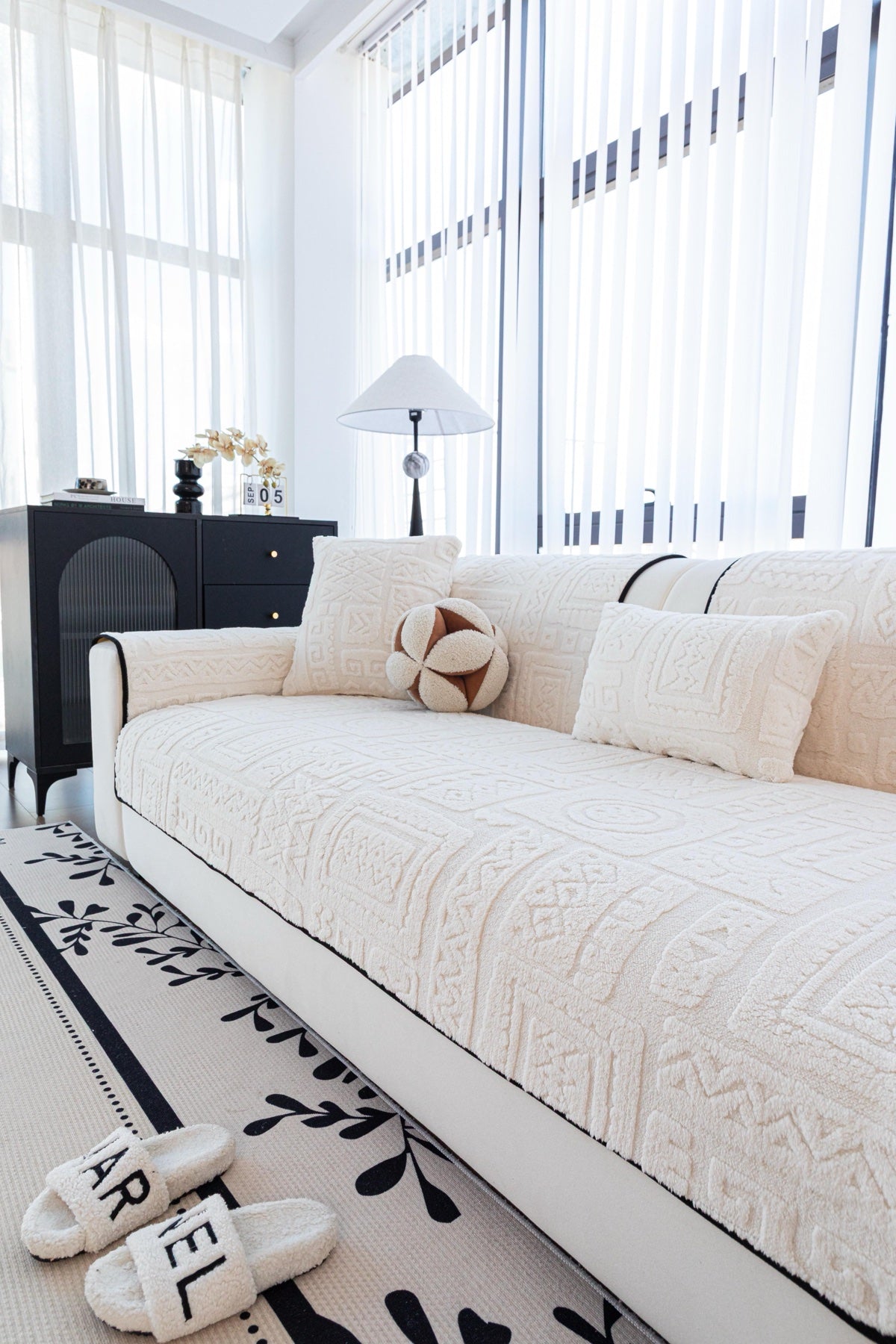 Sofa Decor Elara Geometric Plush Sofa Seat Cover in Ivory Cream - detail image for geometric plush couch cover pieces in the UK
