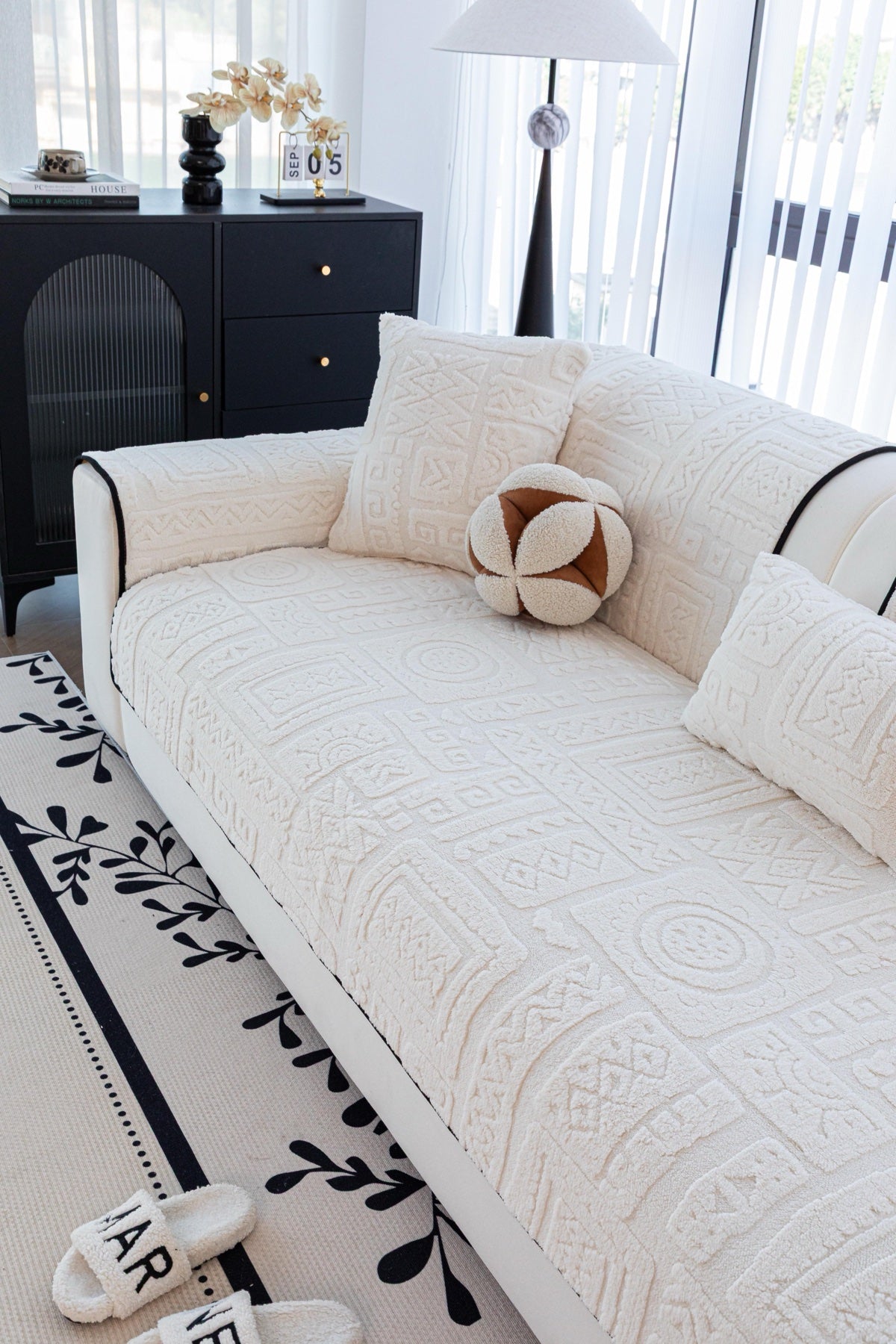 Sofa Decor Elara Geometric Plush Sofa Seat Cover in Ivory Cream - detail image for geometric plush couch cover pieces in the UK