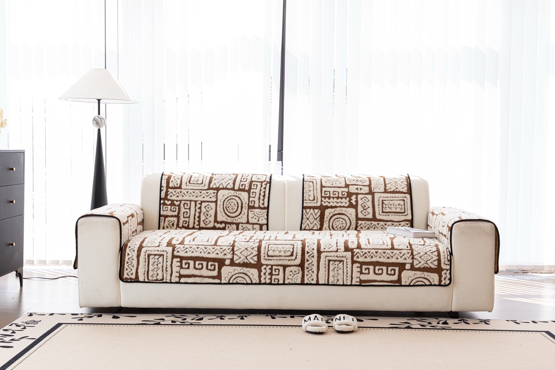 Sofa Decor Elara Geometric Plush Sofa Seat Cover in Mocha Brown - lifestyle image for geometric plush couch cover pieces in the UK