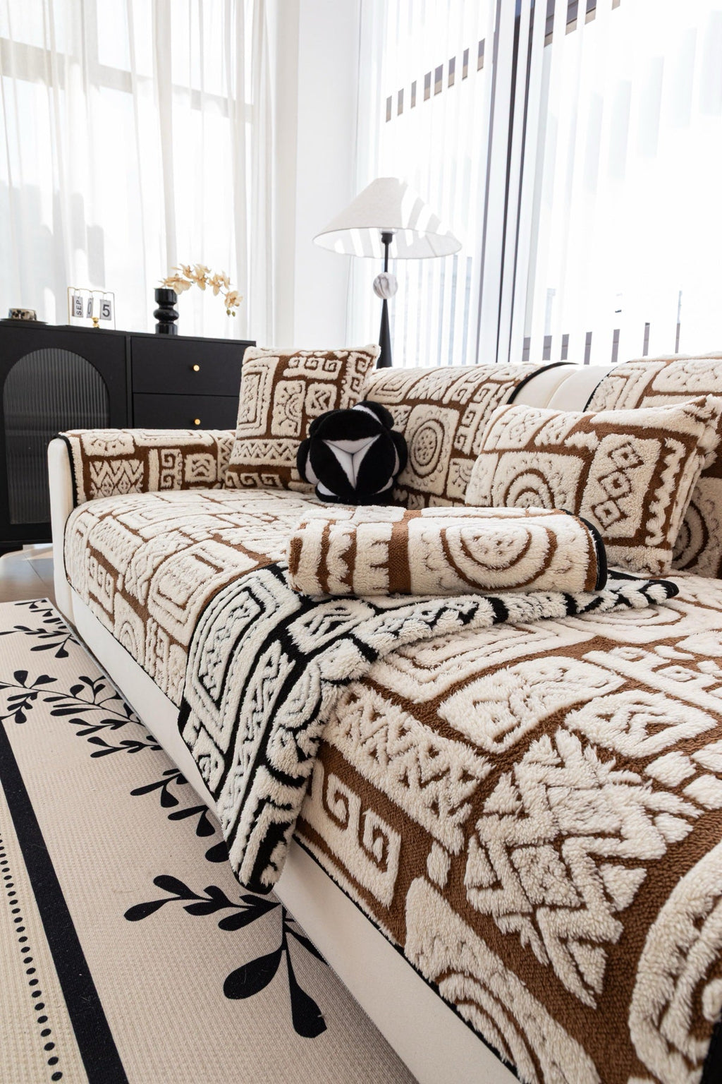 Sofa Decor Elara Geometric Plush Sofa Seat Cover in Mocha Brown - detail image for geometric plush couch cover pieces in the UK