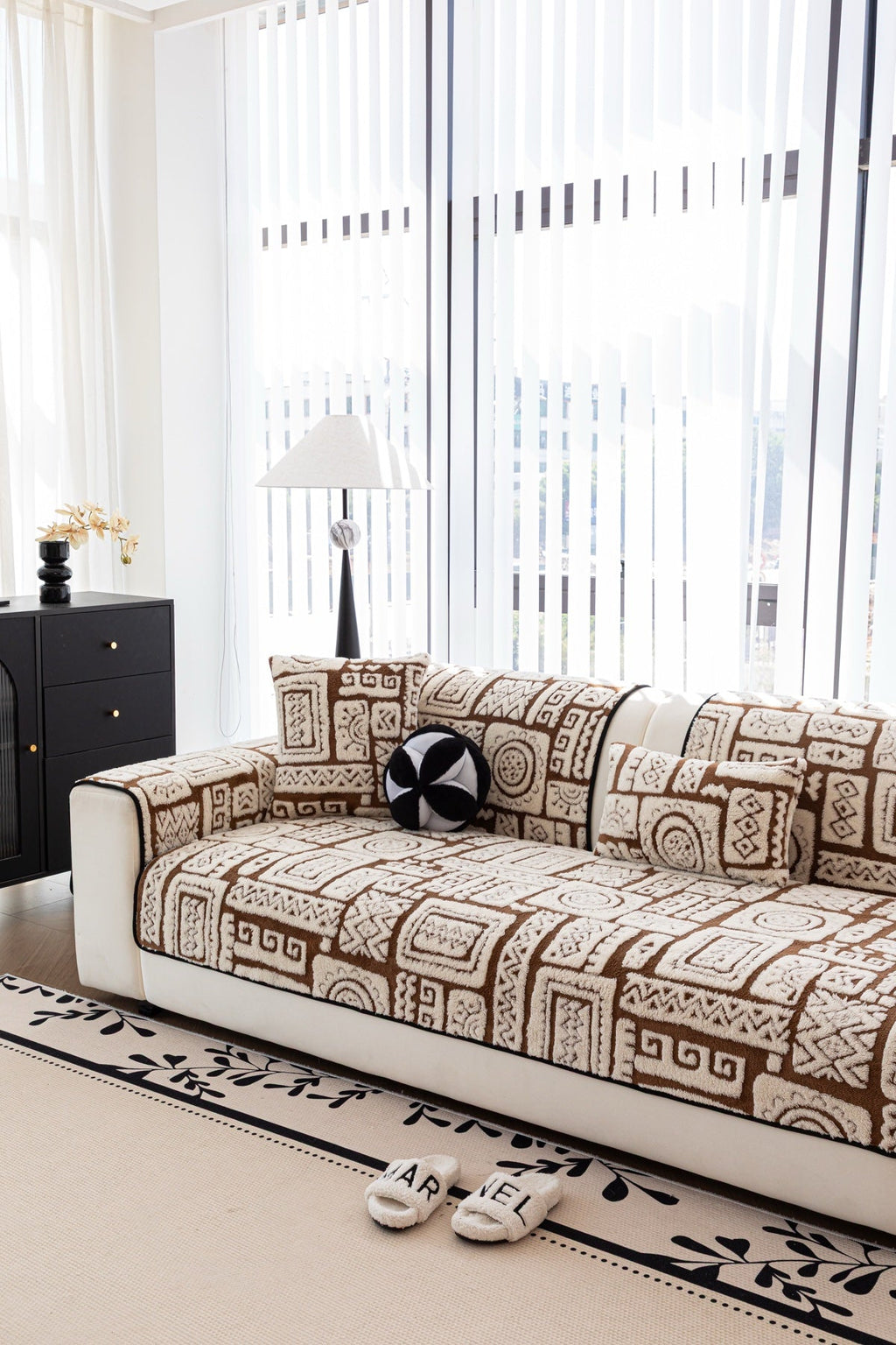 Sofa Decor Elara Geometric Plush Sofa Seat Cover in Mocha Brown - detail image for geometric plush couch cover pieces in the UK