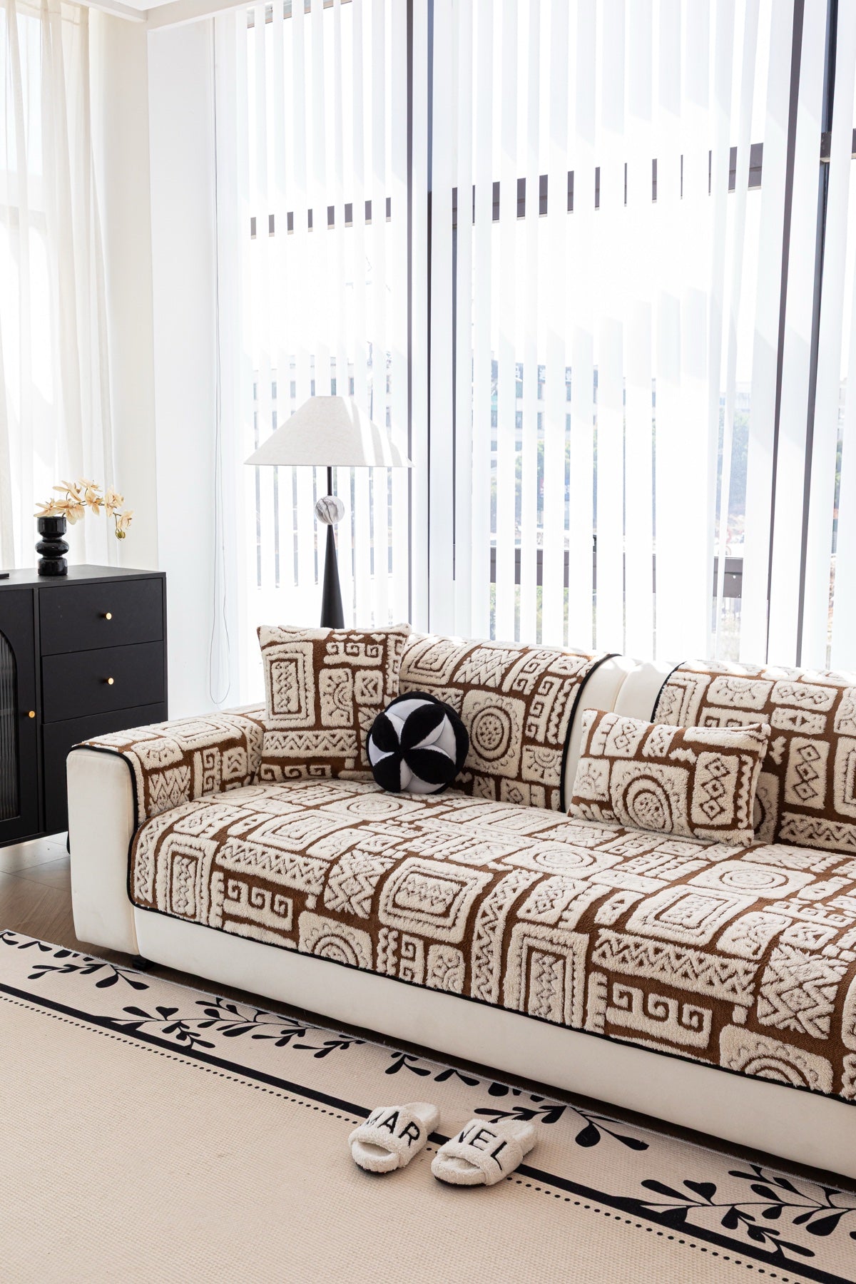 Sofa Decor Elara Geometric Plush Sofa Seat Cover in Mocha Brown - detail image for geometric plush couch cover pieces in the UK