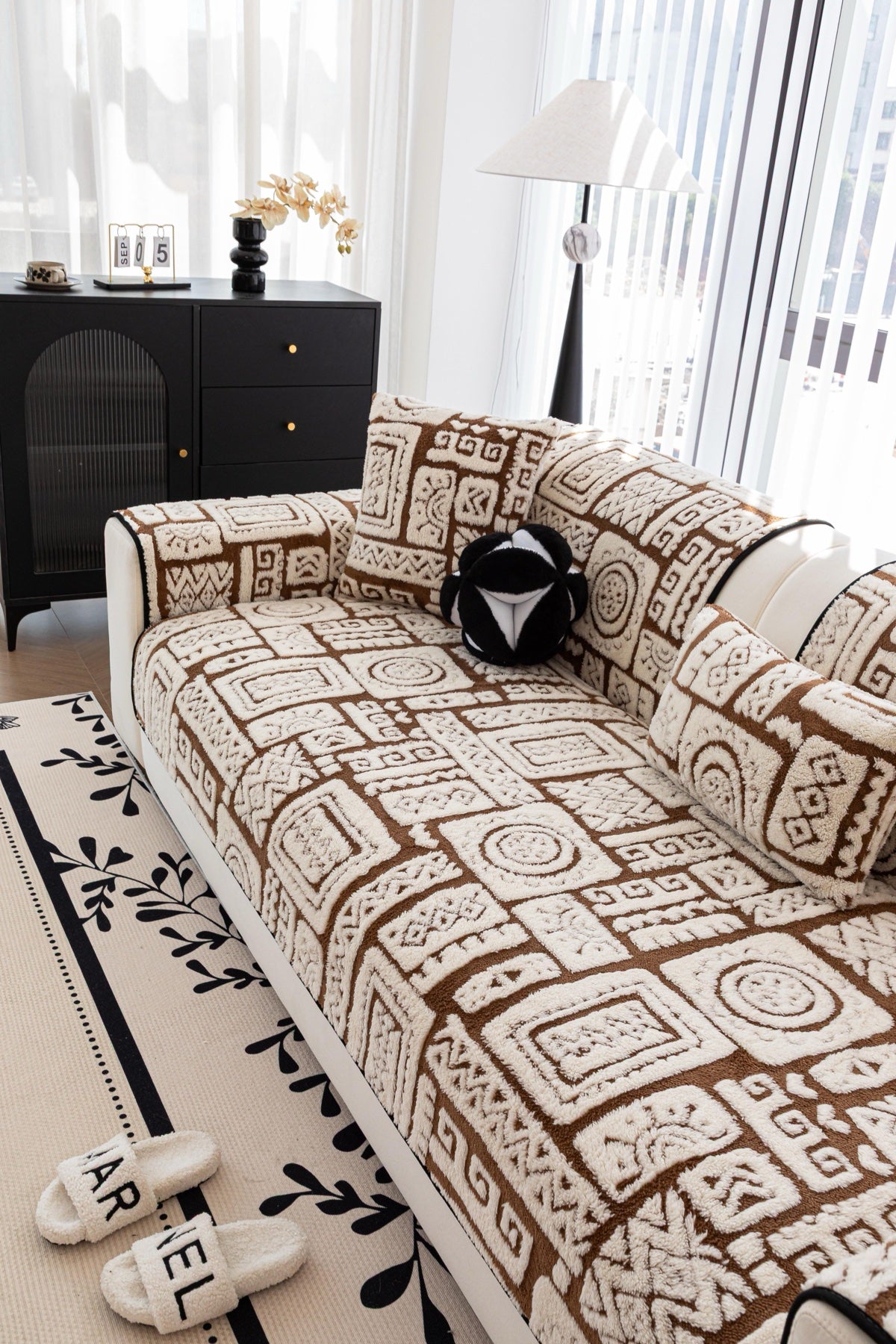 Sofa Decor Elara Geometric Plush Sofa Seat Cover in Mocha Brown - detail image for geometric plush couch cover pieces in the UK