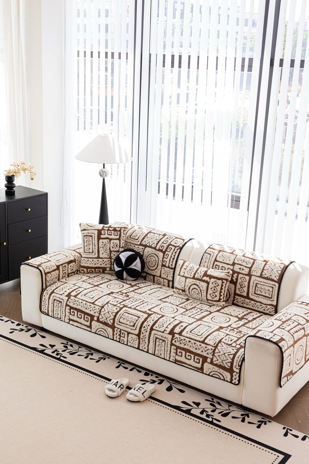 Sofa Decor Elara Geometric Plush Sofa Seat Cover in Mocha Brown - detail image for geometric plush couch cover pieces in the UK