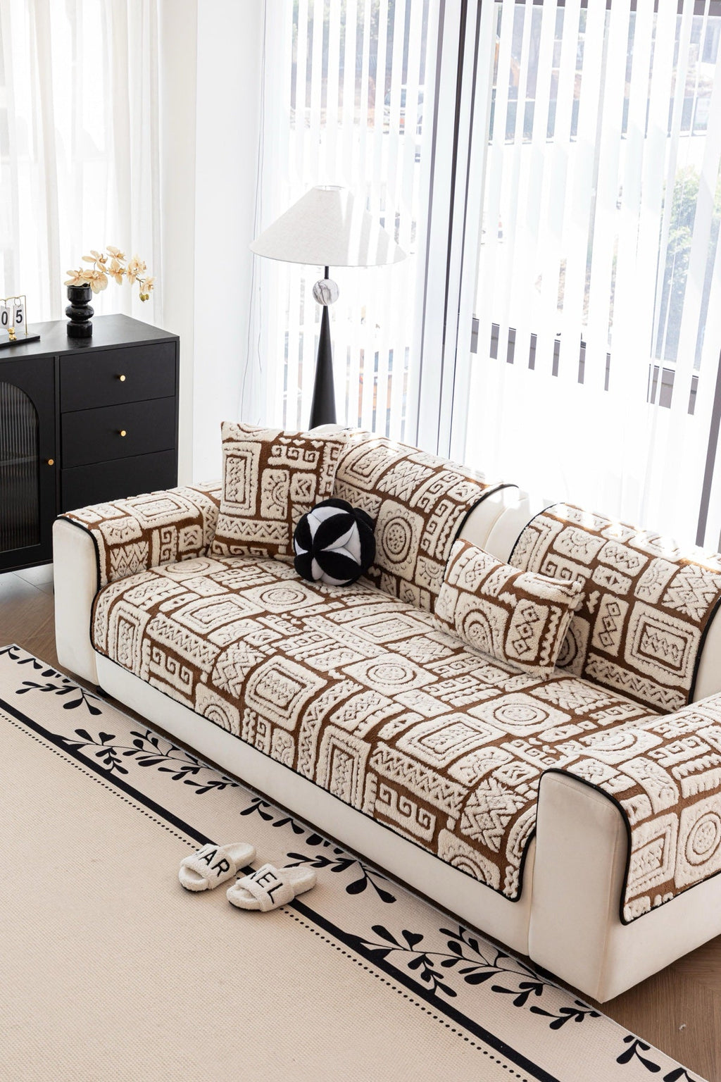 Sofa Decor Elara Geometric Plush Sofa Seat Cover in Mocha Brown - detail image for geometric plush couch cover pieces in the UK