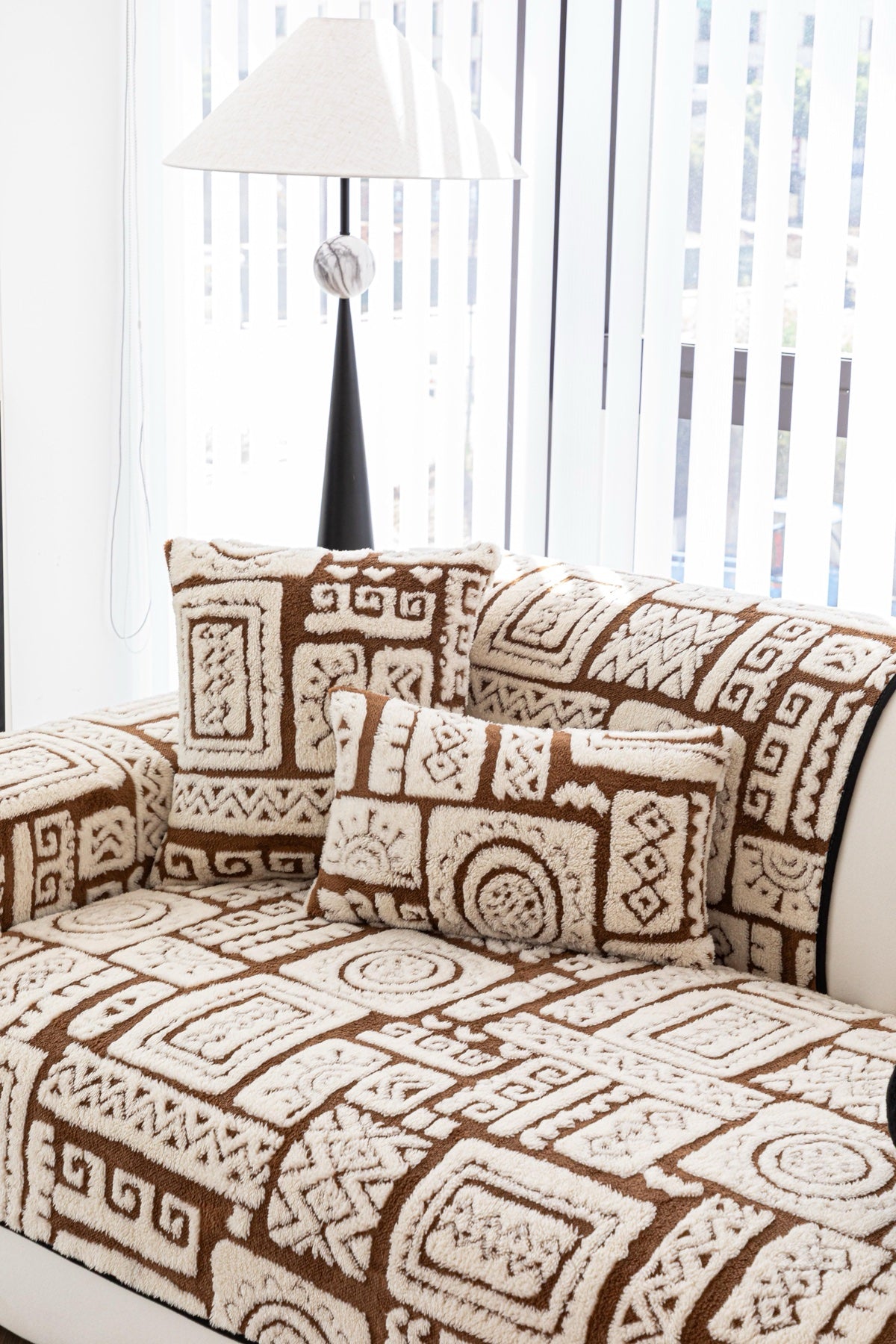 Sofa Decor Elara Geometric Plush Sofa Seat Cover in Mocha Brown - detail image for geometric plush couch cover pieces in the UK