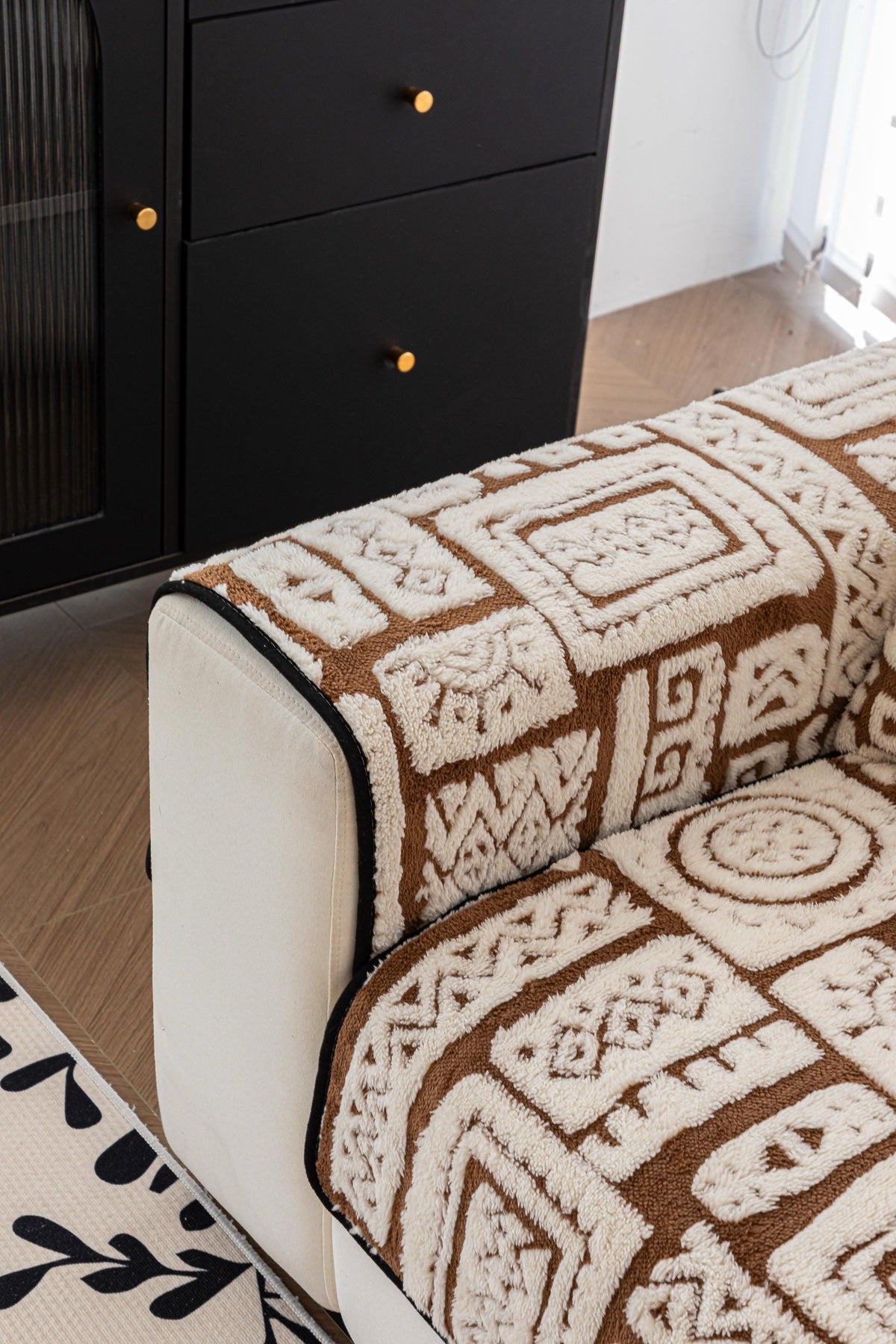 Sofa Decor Elara Geometric Plush Sofa Seat Cover in Mocha Brown - detail image for geometric plush couch cover pieces in the UK