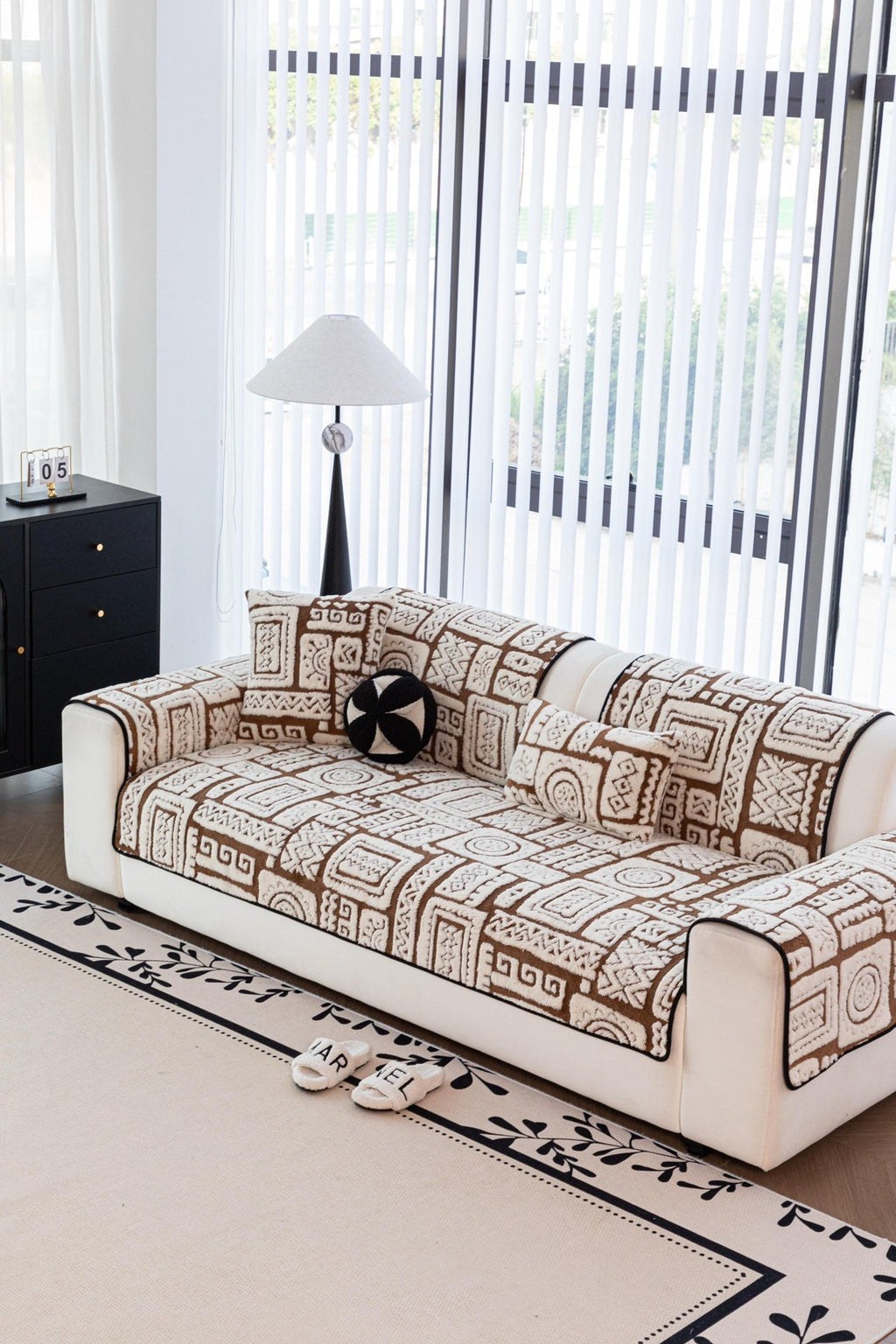 Sofa Decor Elara Geometric Plush Sofa Seat Cover in Mocha Brown - detail image for geometric plush couch cover pieces in the UK
