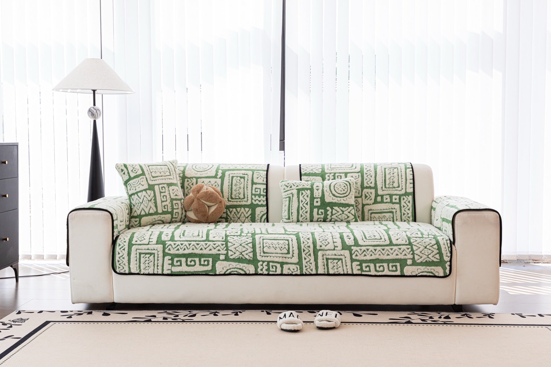 Sofa Decor Elara Geometric Plush Sofa Seat Cover in Sage Green - lifestyle image for geometric plush couch cover pieces in the UK