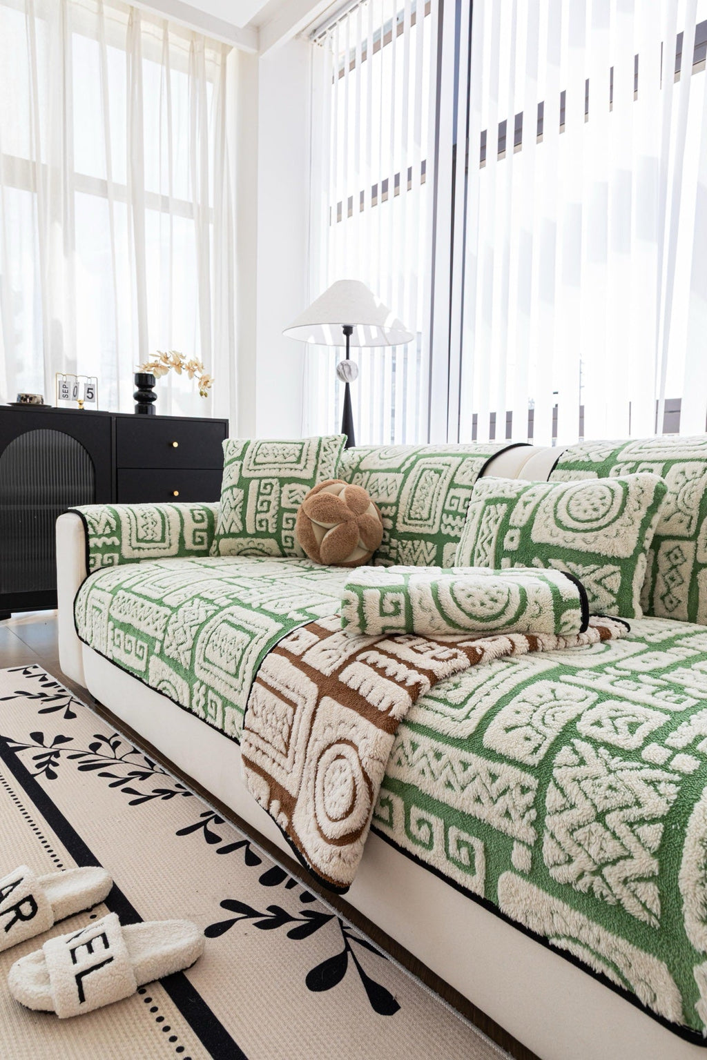 Sofa Decor Elara Geometric Plush Sofa Seat Cover in Sage Green - detail image for geometric plush couch cover pieces in the UK