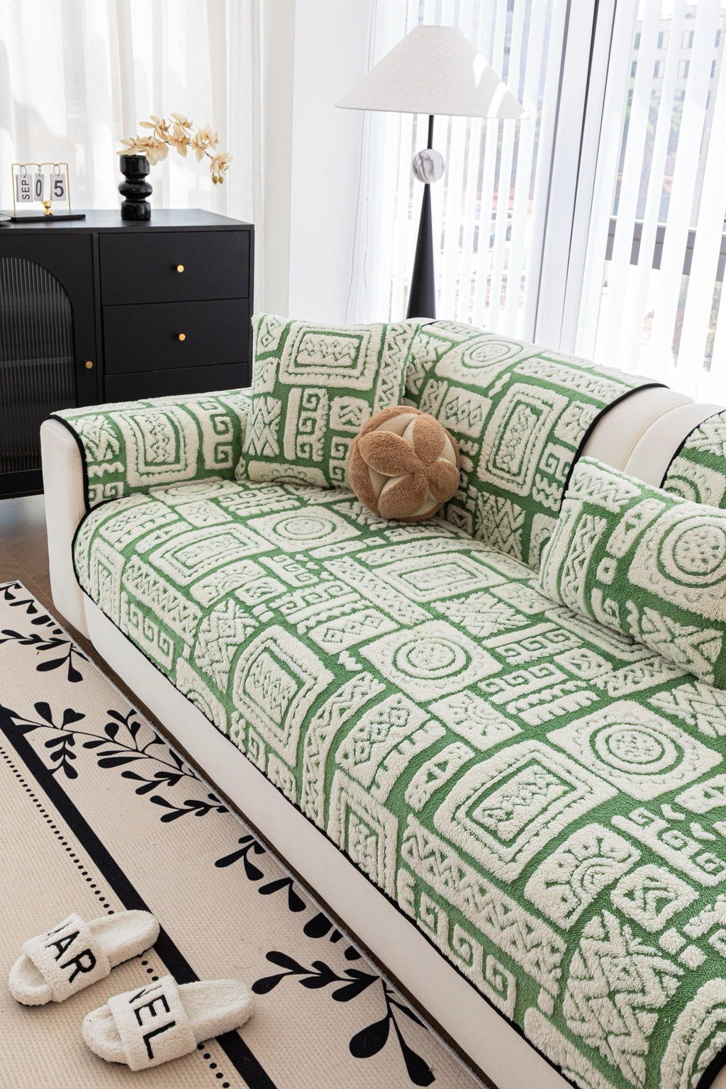 Sofa Decor Elara Geometric Plush Sofa Seat Cover in Sage Green - detail image for geometric plush couch cover pieces in the UK