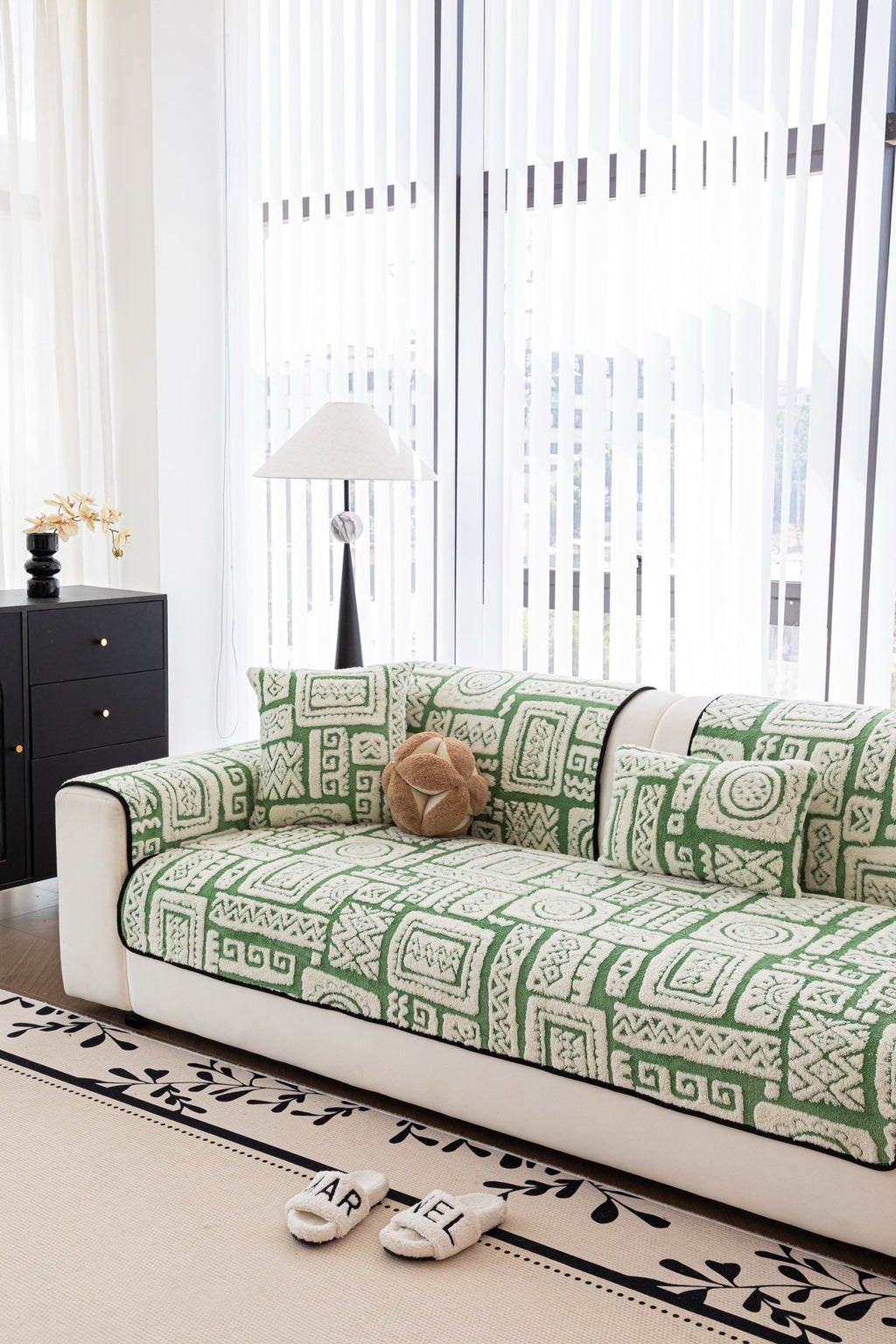 Sofa Decor Elara Geometric Plush Sofa Seat Cover in Sage Green - detail image for geometric plush couch cover pieces in the UK