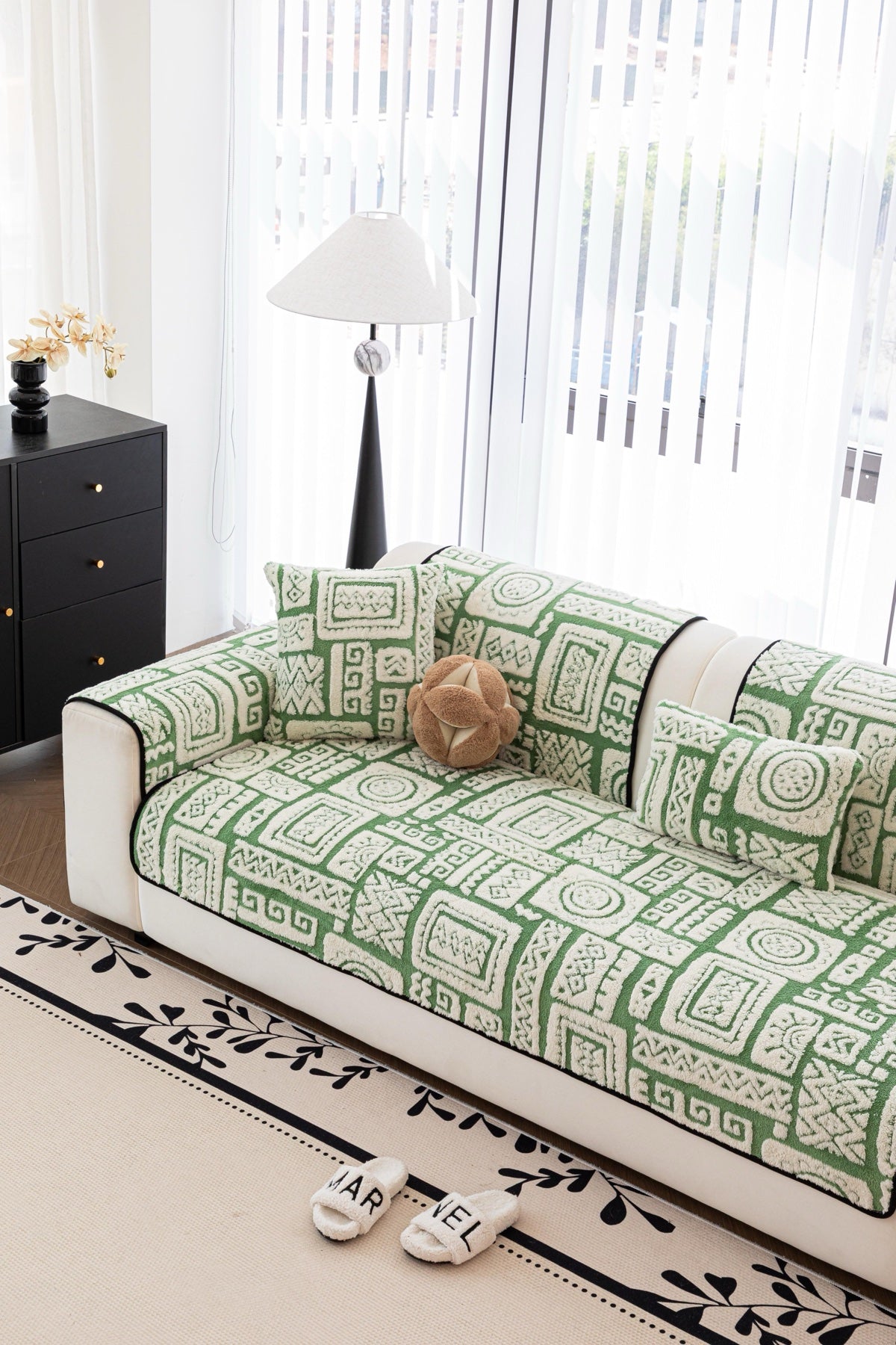 Sofa Decor Elara Geometric Plush Sofa Seat Cover in Sage Green - detail image for geometric plush couch cover pieces in the UK