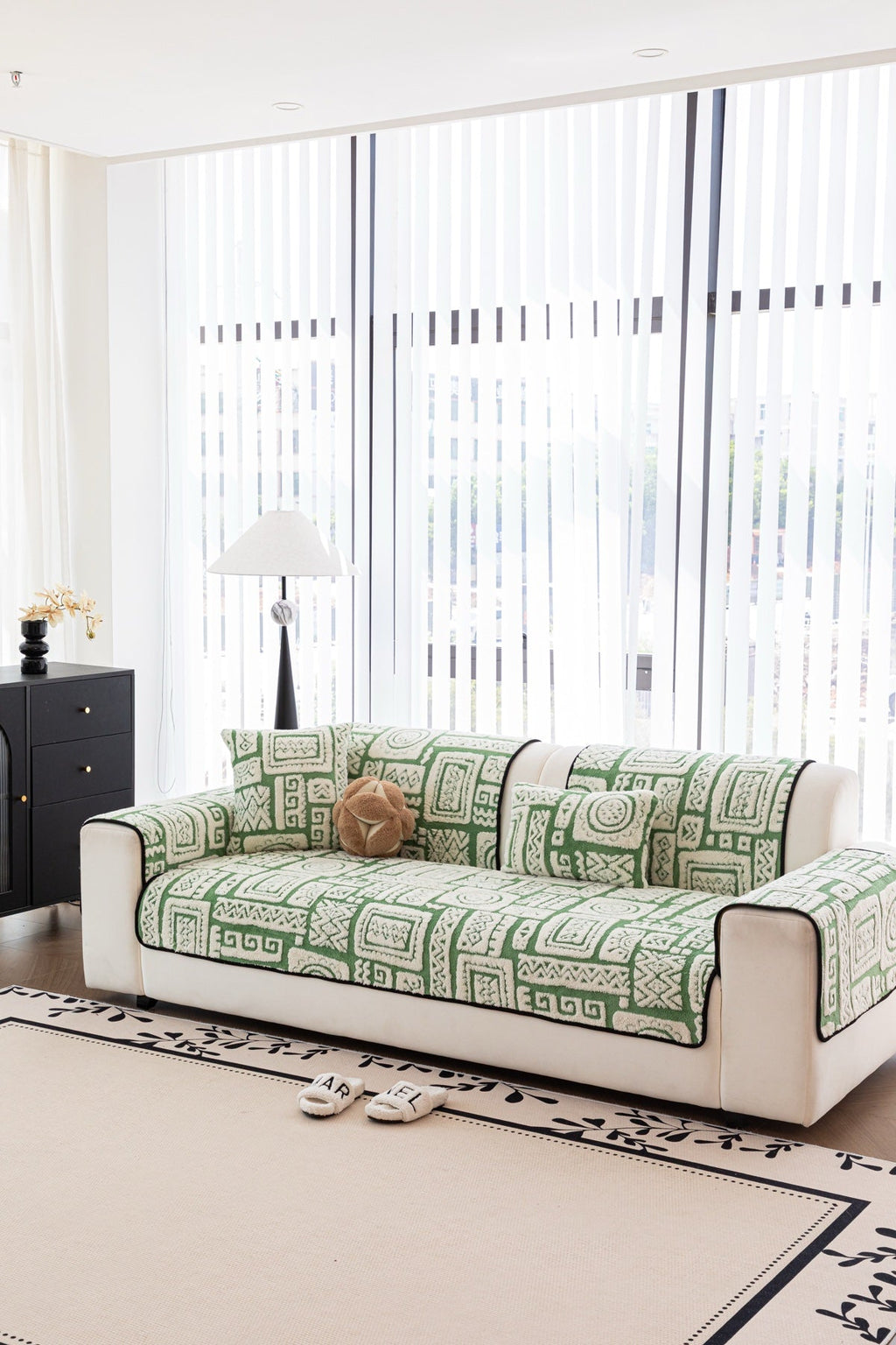 Sofa Decor Elara Geometric Plush Sofa Seat Cover in Sage Green - detail image for geometric plush couch cover pieces in the UK