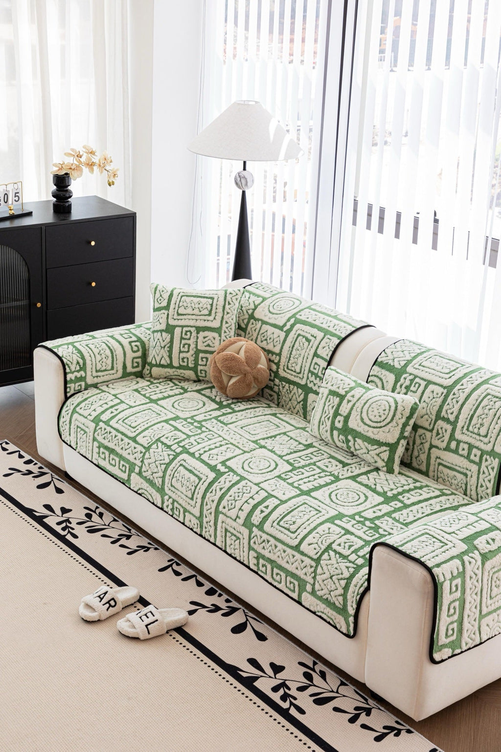 Sofa Decor Elara Geometric Plush Sofa Seat Cover in Sage Green - detail image for geometric plush couch cover pieces in the UK