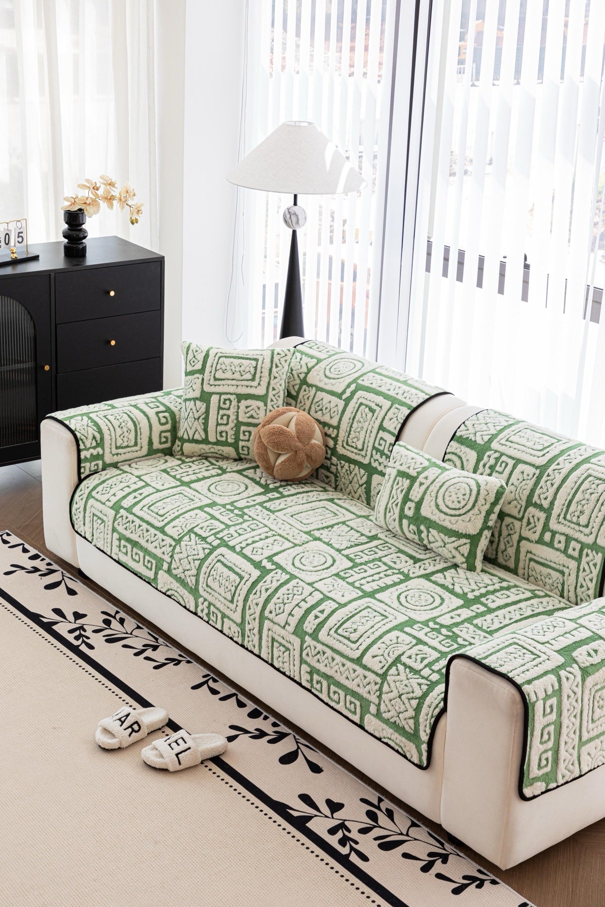 Sofa Decor Elara Geometric Plush Sofa Seat Cover in Sage Green - detail image for geometric plush couch cover pieces in the UK