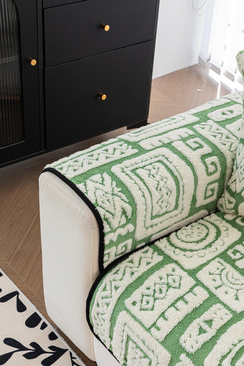 Sofa Decor Elara Geometric Plush Sofa Seat Cover in Sage Green - detail image for geometric plush couch cover pieces in the UK