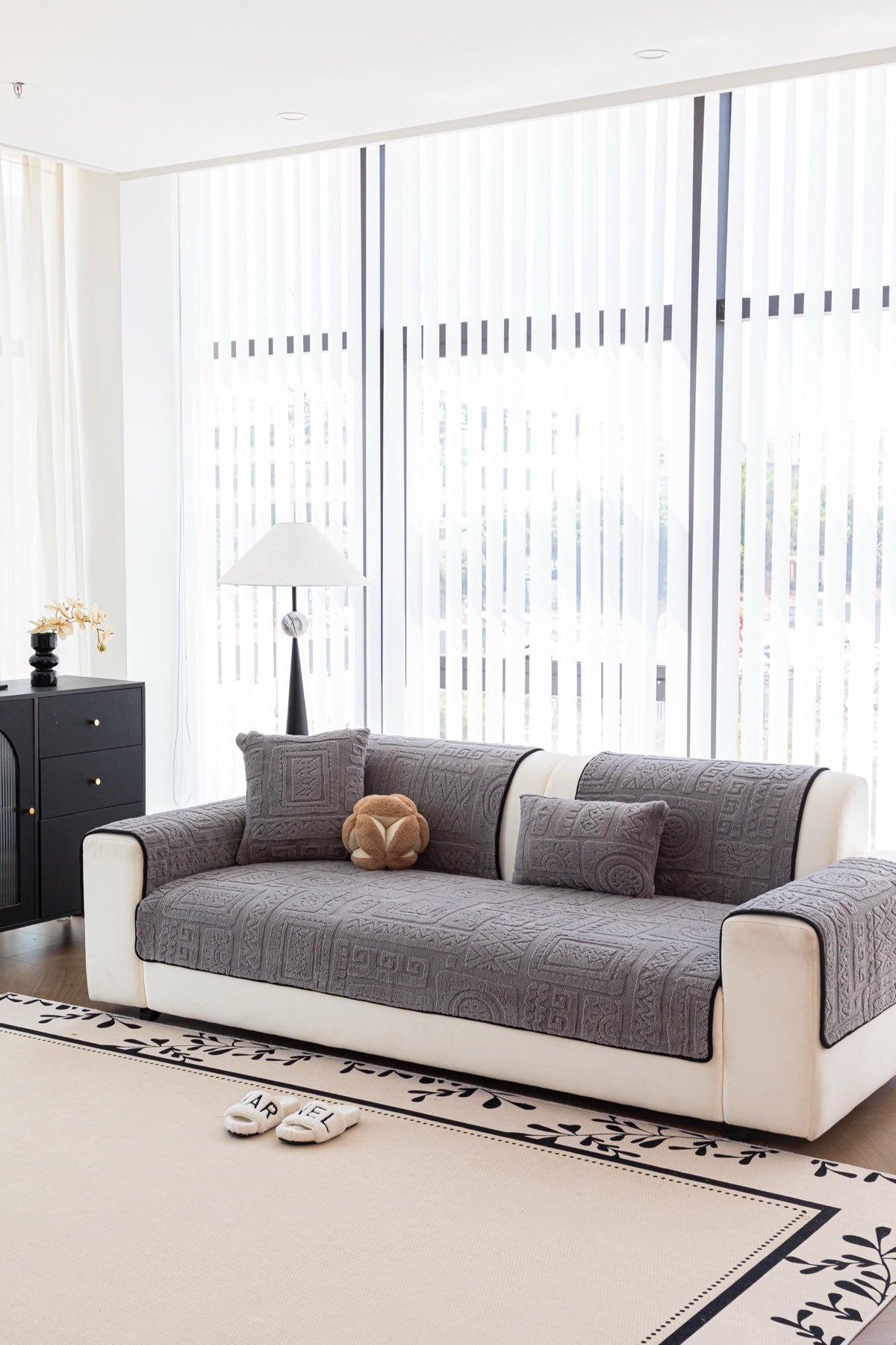 Sofa Decor Elara Geometric Plush Sofa Seat Cover in Slate Grey - lifestyle image for geometric plush couch cover pieces in the UK