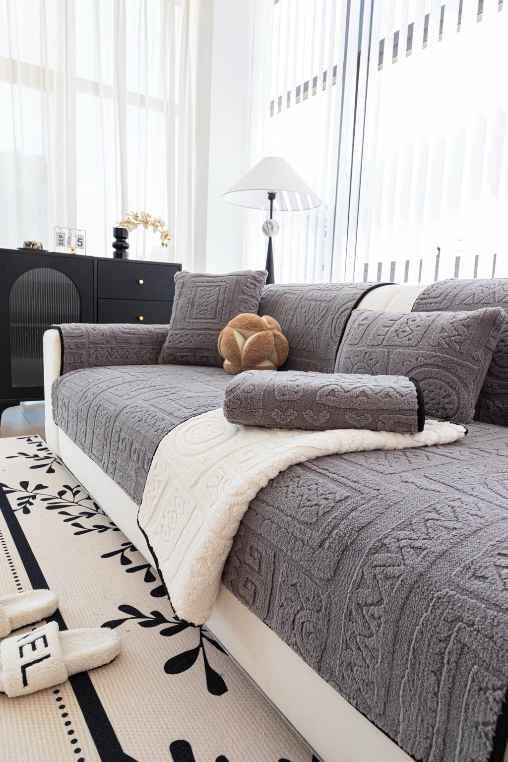 Sofa Decor Elara Geometric Plush Sofa Seat Cover in Slate Grey - detail image for geometric plush couch cover pieces in the UK