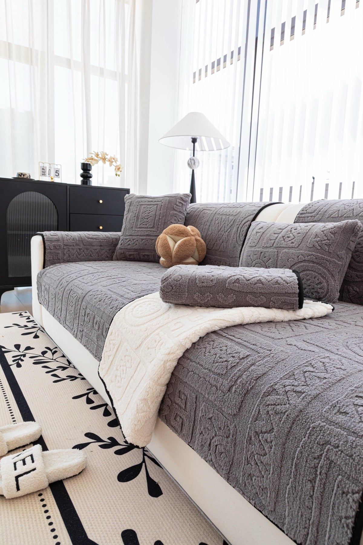 Sofa Decor Elara Geometric Plush Sofa Seat Cover in Slate Grey - detail image for geometric plush couch cover pieces in the UK