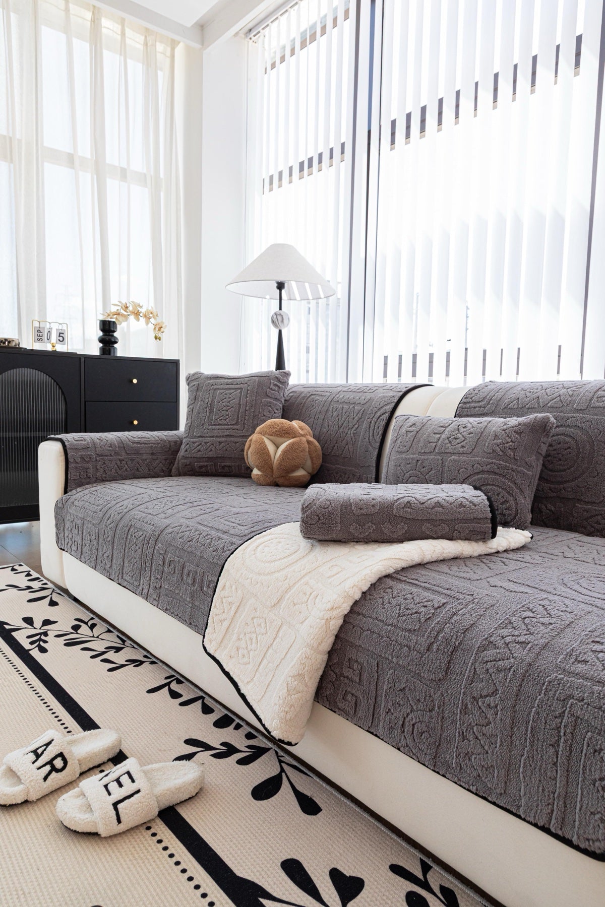 Sofa Decor Elara Geometric Plush Sofa Seat Cover in Slate Grey - detail image for geometric plush couch cover pieces in the UK