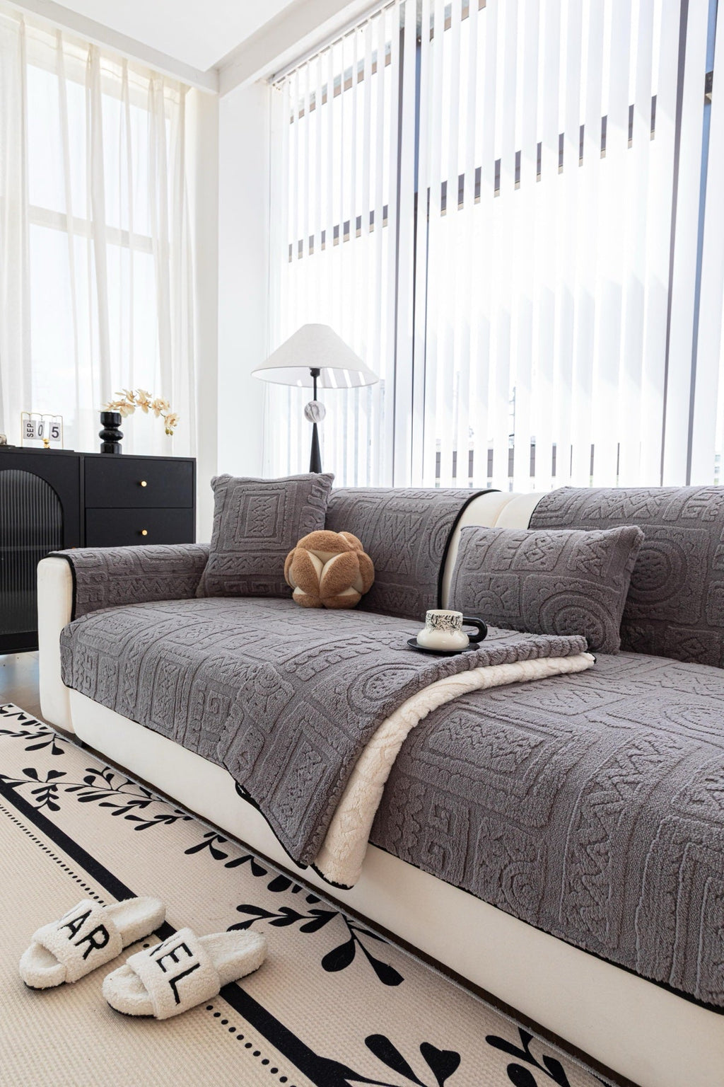 Sofa Decor Elara Geometric Plush Sofa Seat Cover in Slate Grey - detail image for geometric plush couch cover pieces in the UK