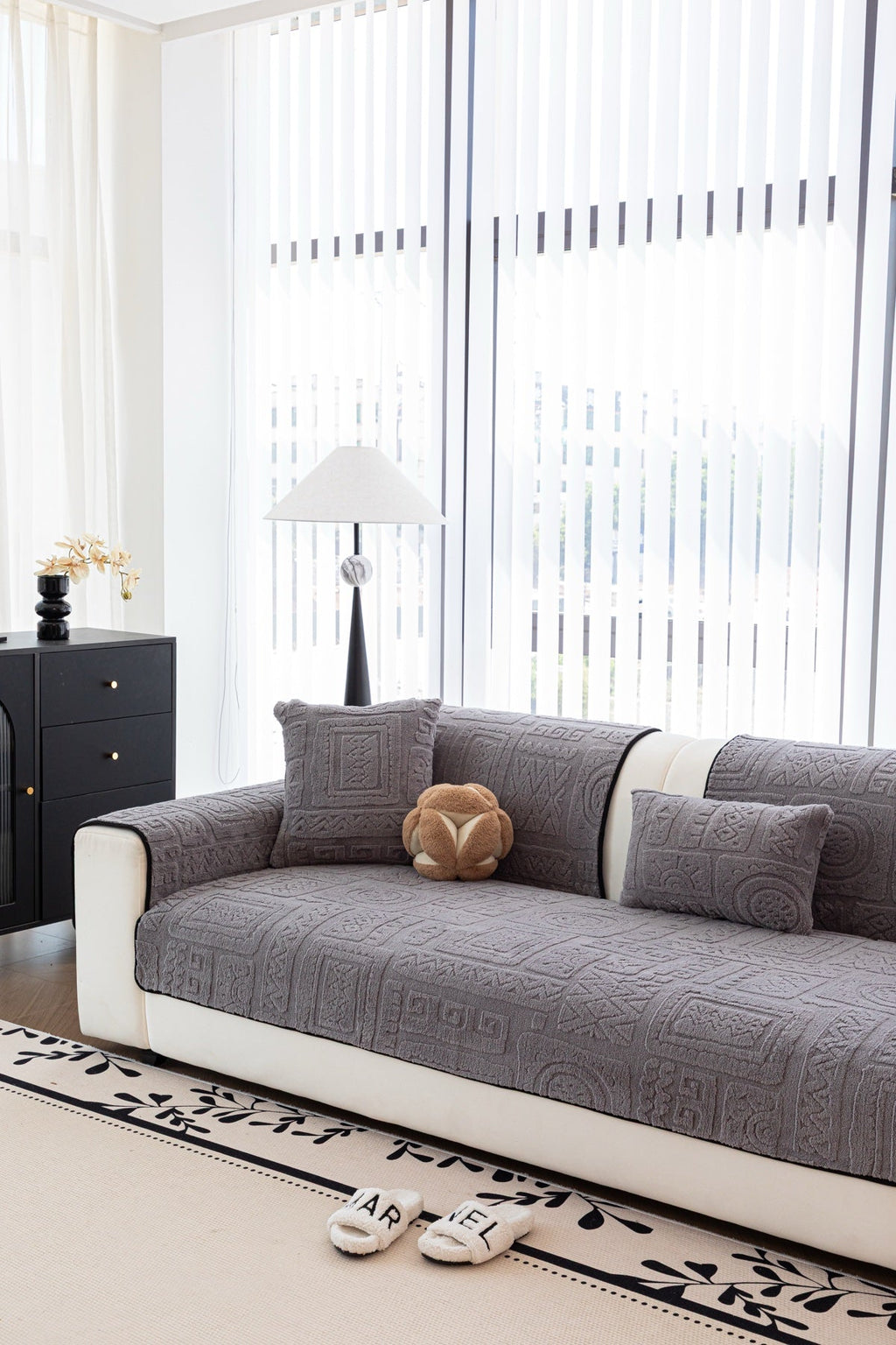 Sofa Decor Elara Geometric Plush Sofa Seat Cover in Slate Grey - detail image for geometric plush couch cover pieces in the UK