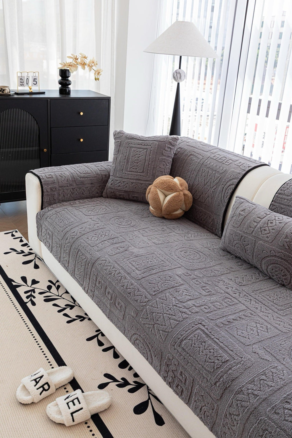 Sofa Decor Elara Geometric Plush Sofa Seat Cover in Slate Grey - detail image for geometric plush couch cover pieces in the UK