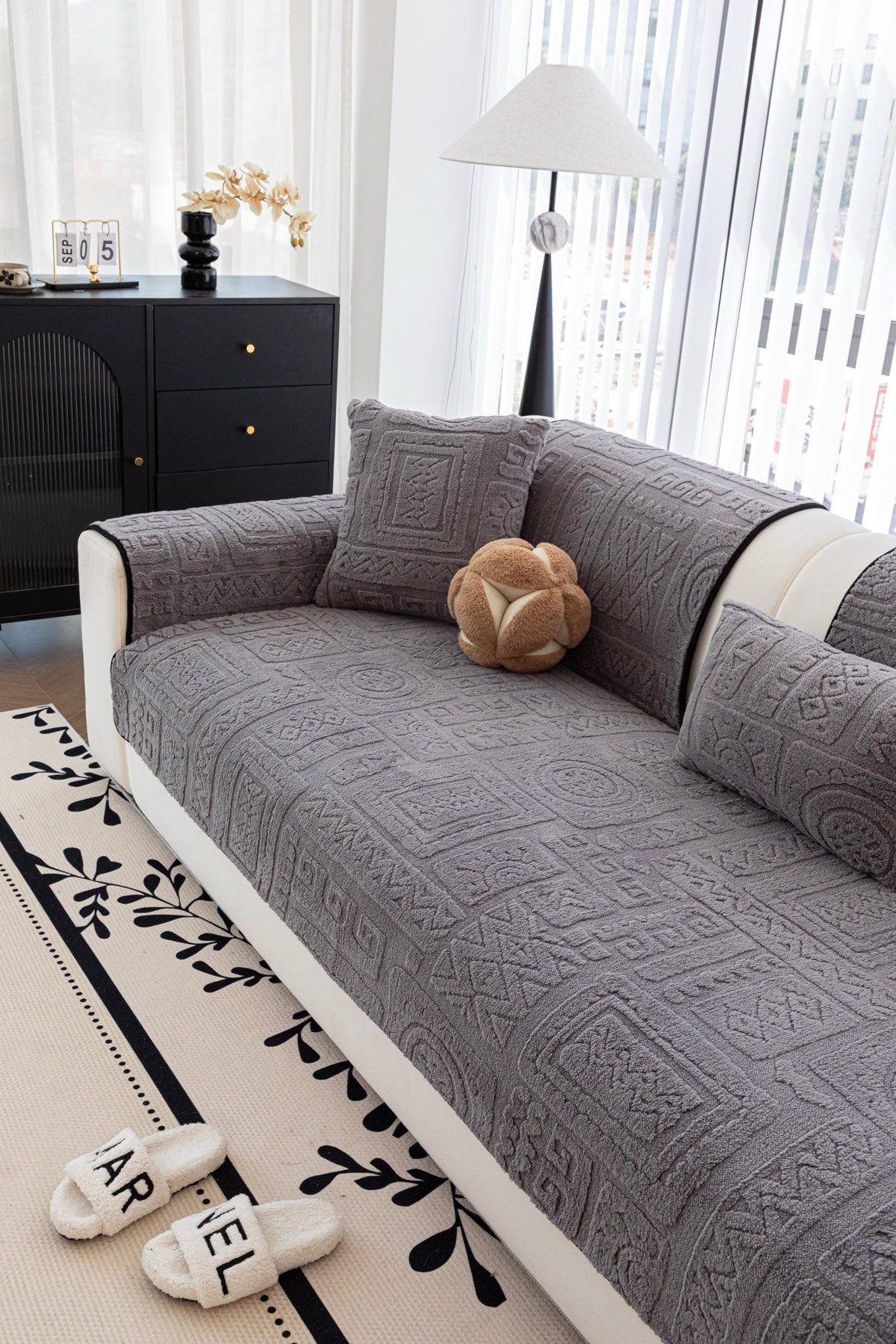 Sofa Decor Elara Geometric Plush Sofa Seat Cover in Slate Grey - detail image for geometric plush couch cover pieces in the UK