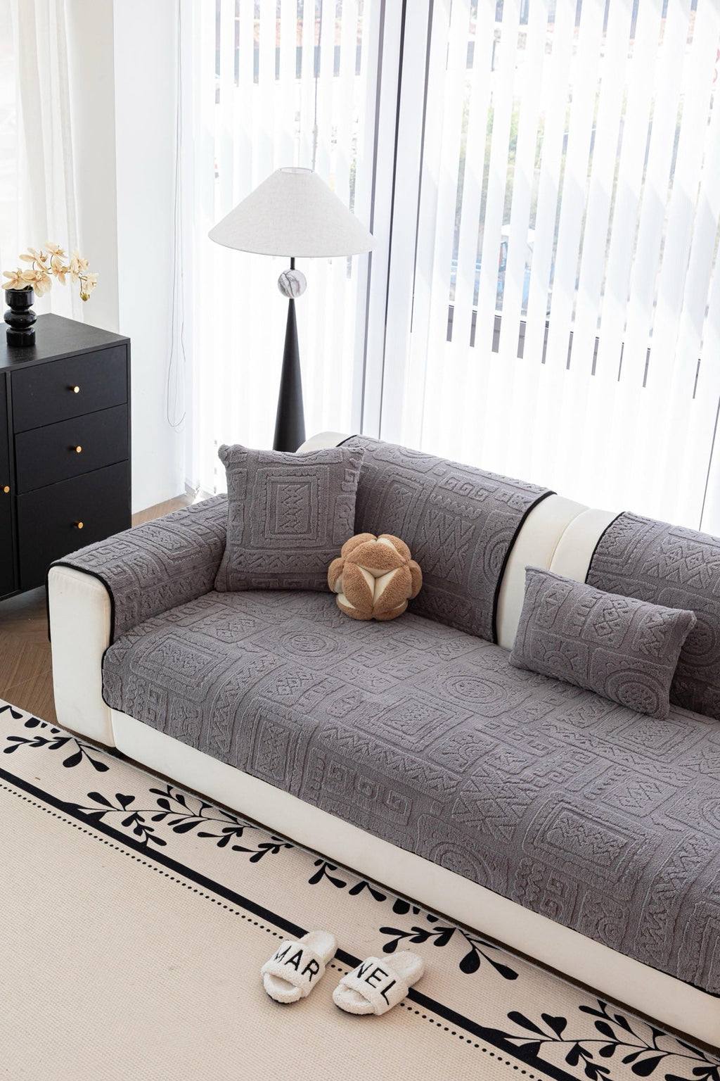 Sofa Decor Elara Geometric Plush Sofa Seat Cover in Slate Grey - detail image for geometric plush couch cover pieces in the UK